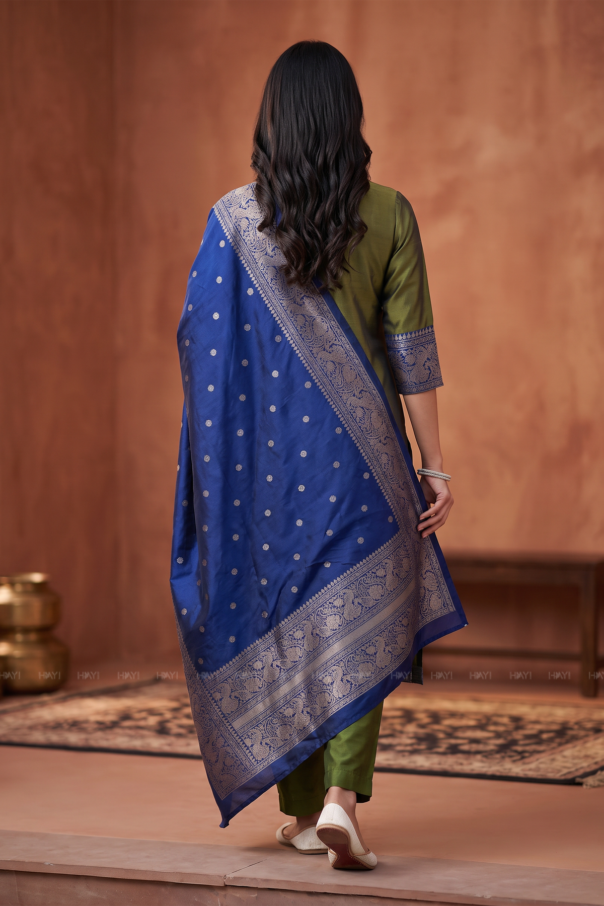 Olive Glow Green Silk Blend 3-Piece Woven Kurta Set
