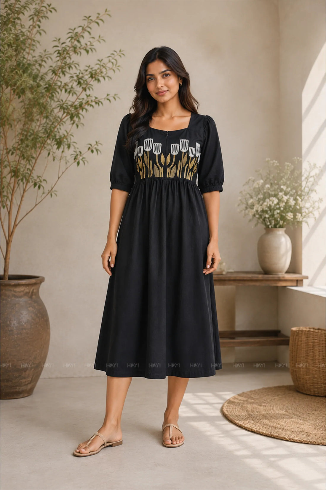 Tulip Poppy Floral Embroidary Maternity and Feeding Dress