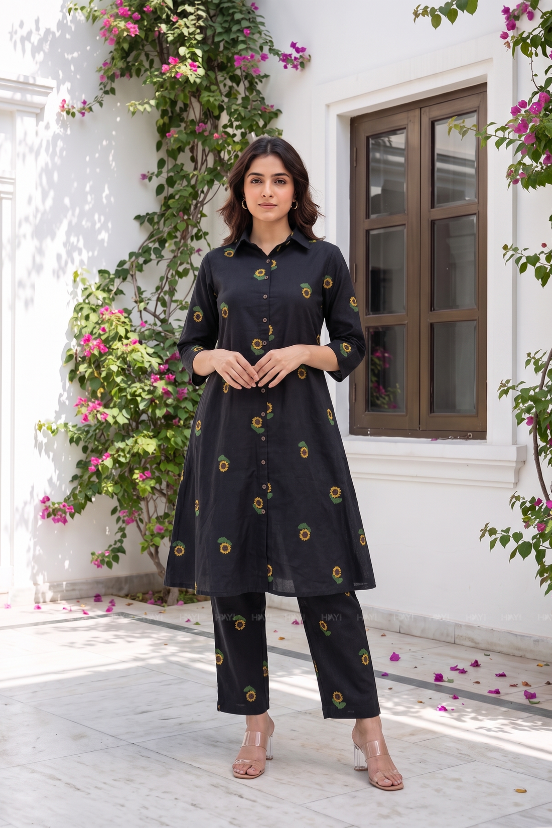 Sunflower Muse Black Cotton Flax Printed Co-ords Set