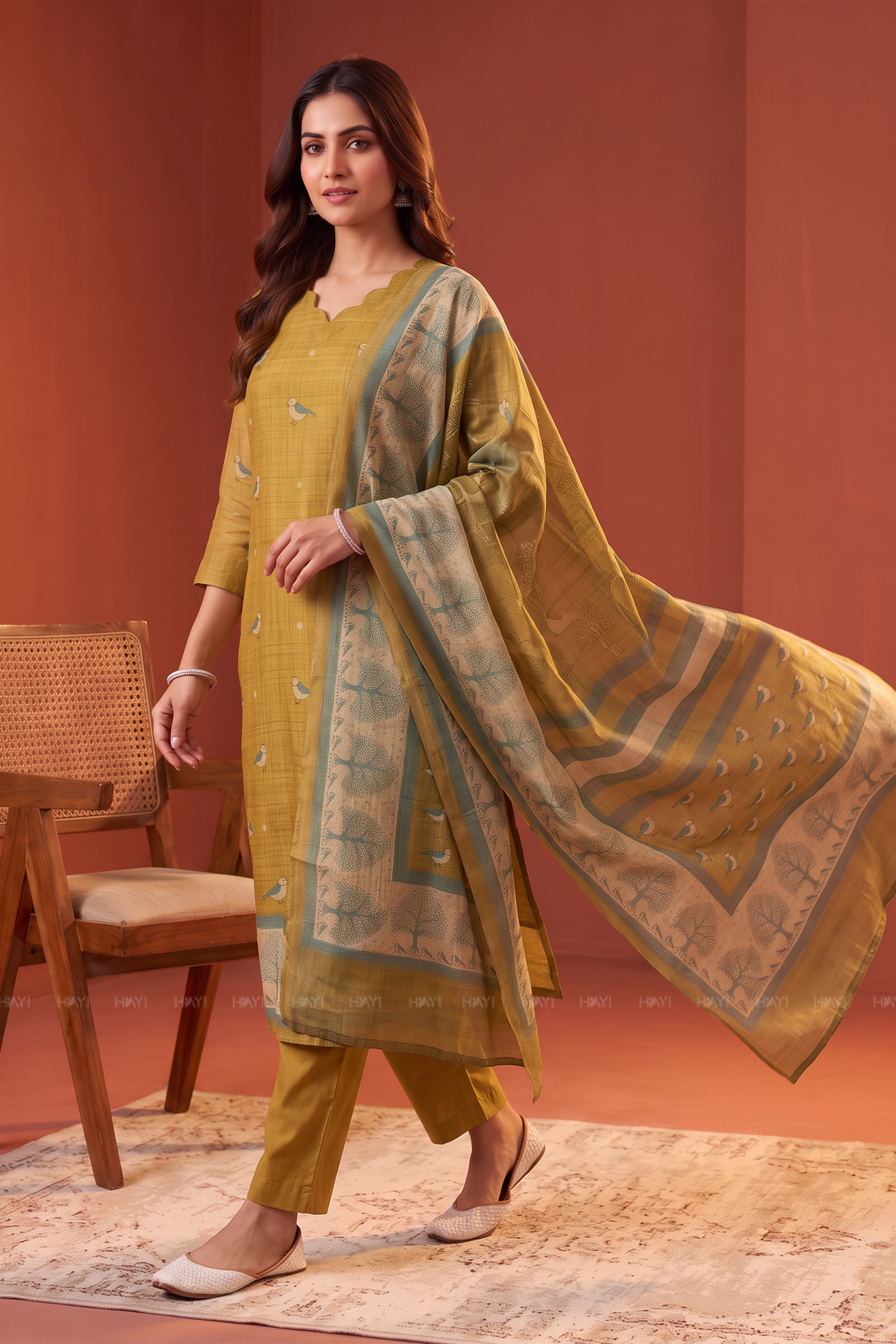 Birdsong Bloom Golden Yellow Silk Blend 3-Piece Kurta Set