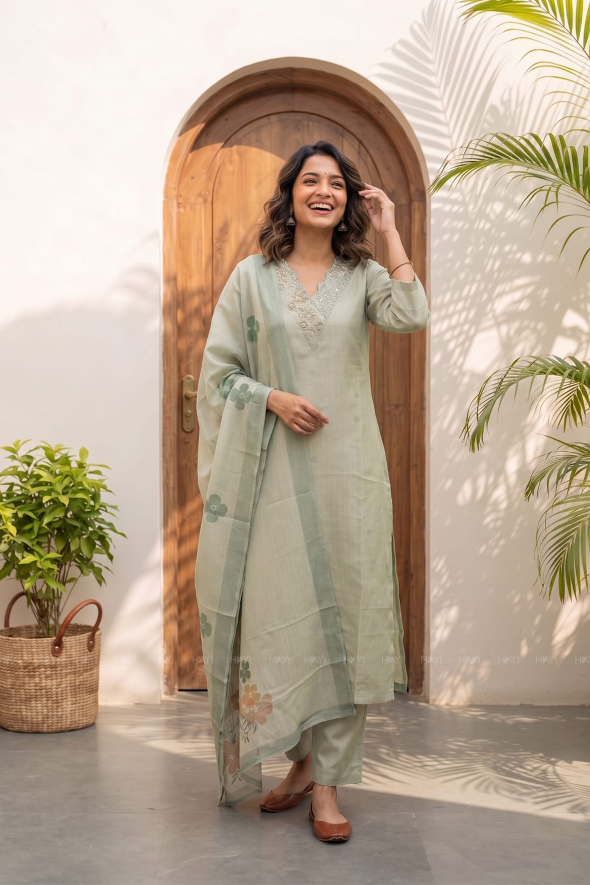 Willowshine Green Embroidery Organza Silk Kurta set with Dupatta