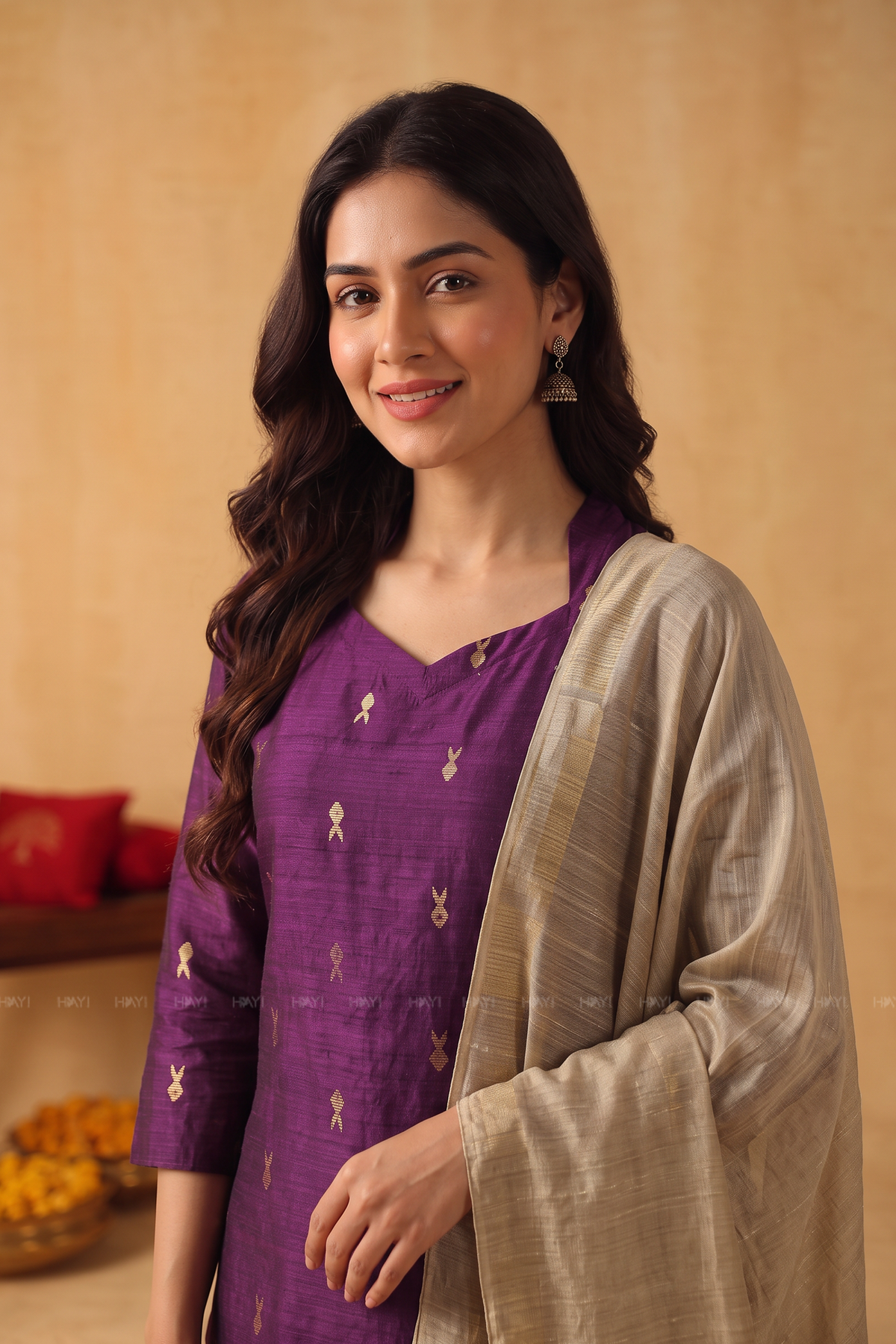 Purple Royale Silk Blend Handloom Woven 3-Piece Kurta Set