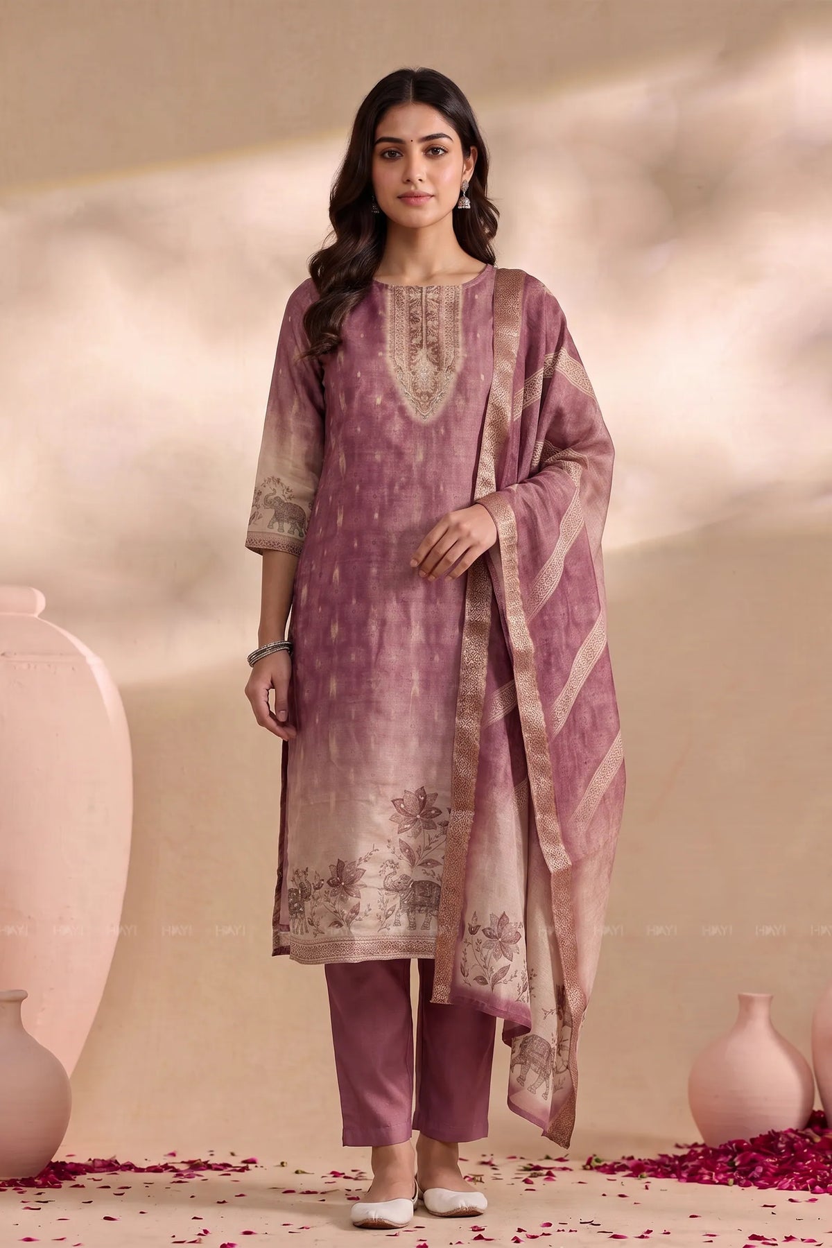 Royal Elephantino Pink Silk Blend Zari Weave 3-Piece Kurta Set