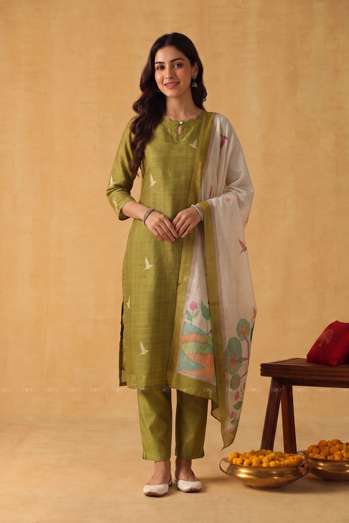 Lime Petals Green Tussar Silk Blend 3-Piece Printed Kurta Set