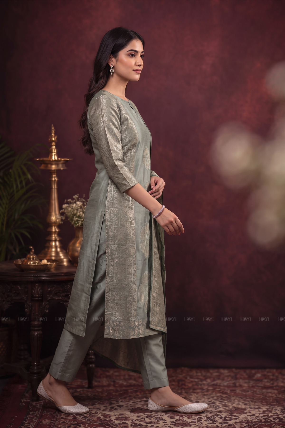 Sage Mist Green Silk Blend Jacquard 2-Piece Kurta Set