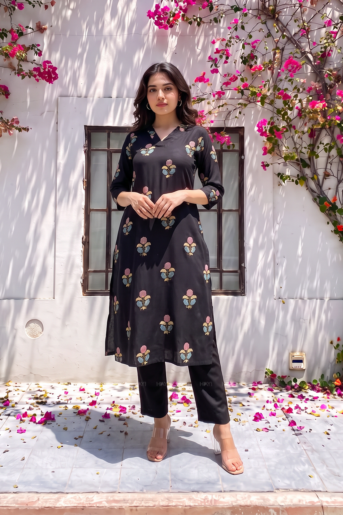 Floral Reverie Black Viscose Printed Kurta