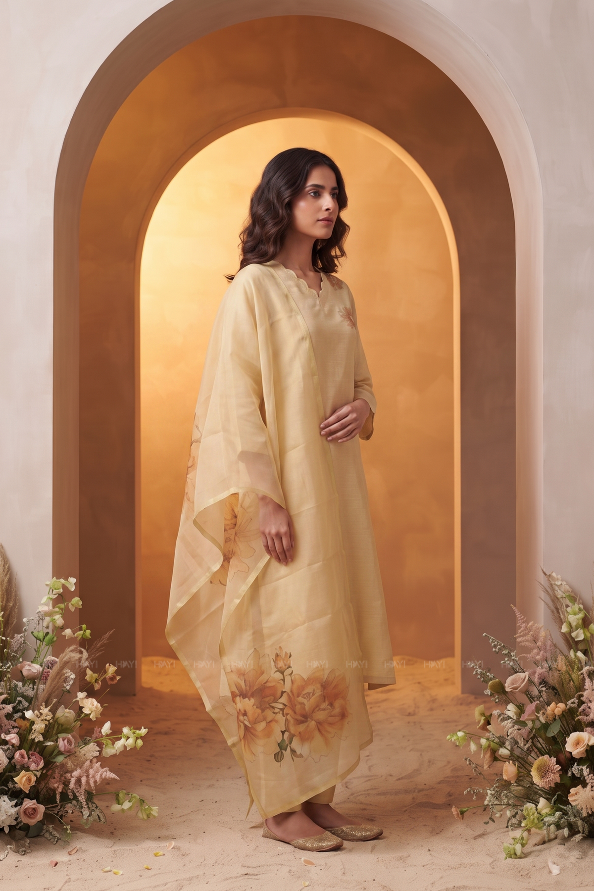 Mimsa Yellow Shimmer Tissue Kurta Set with Dupatta
