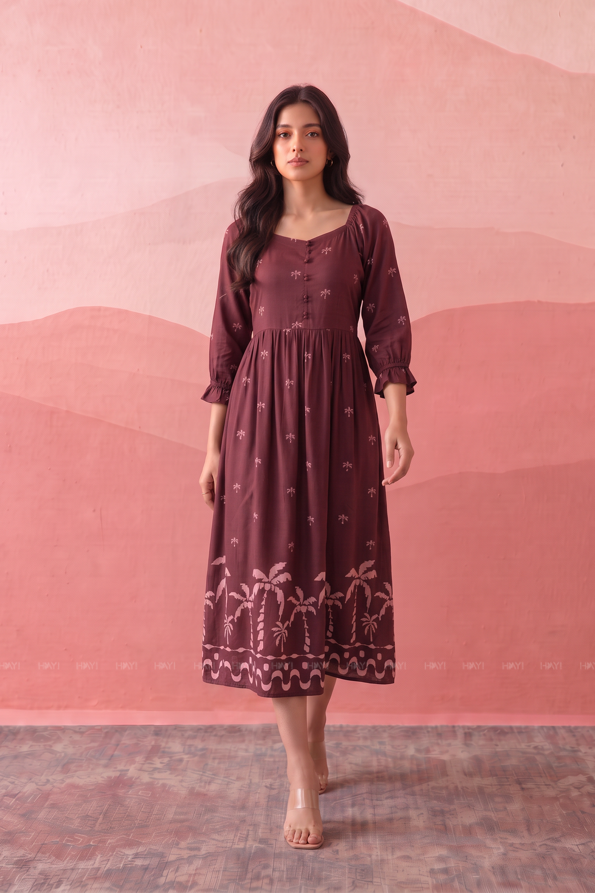 Palm Whisper Printed Maroon Dress