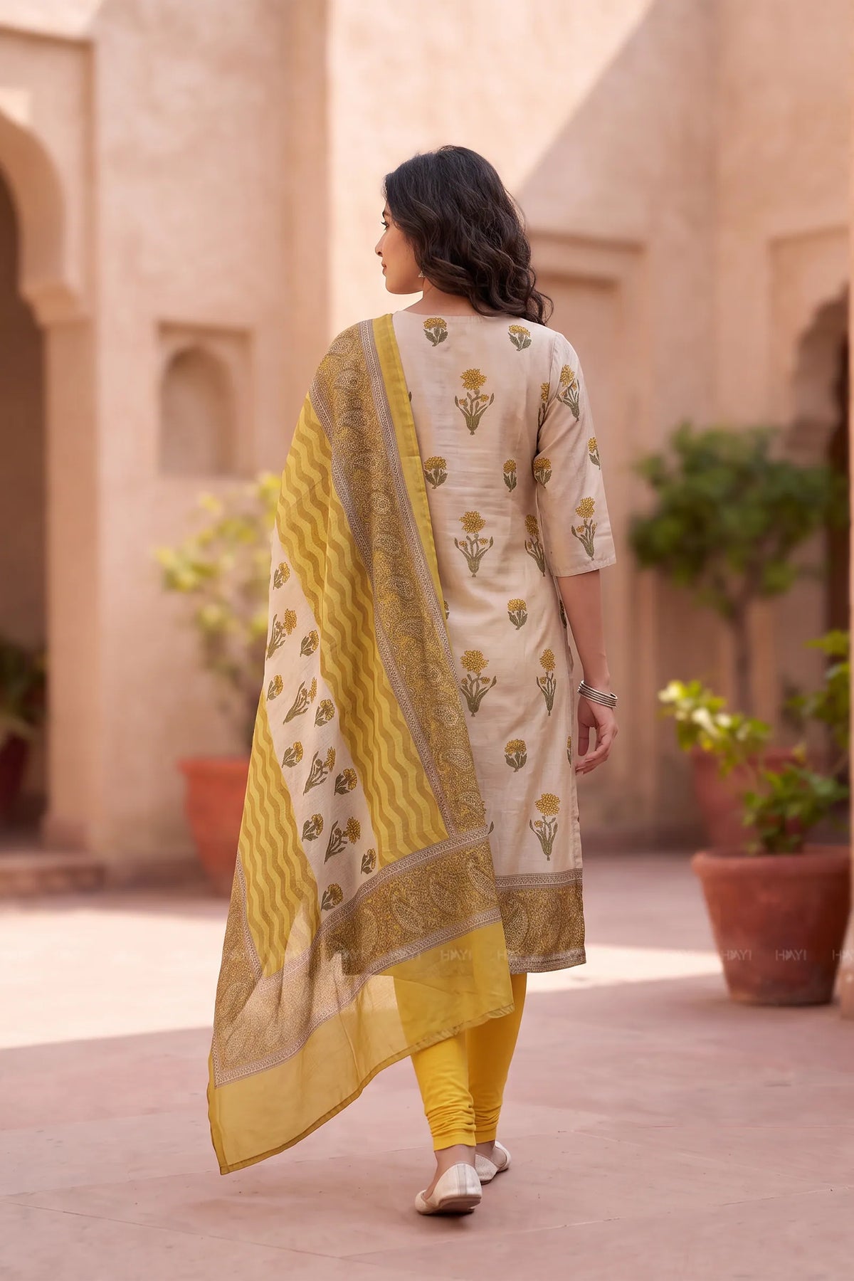 Marigold Meadow Beige Tussar Silk Blend Floral Printed 3-Piece Kurta Set