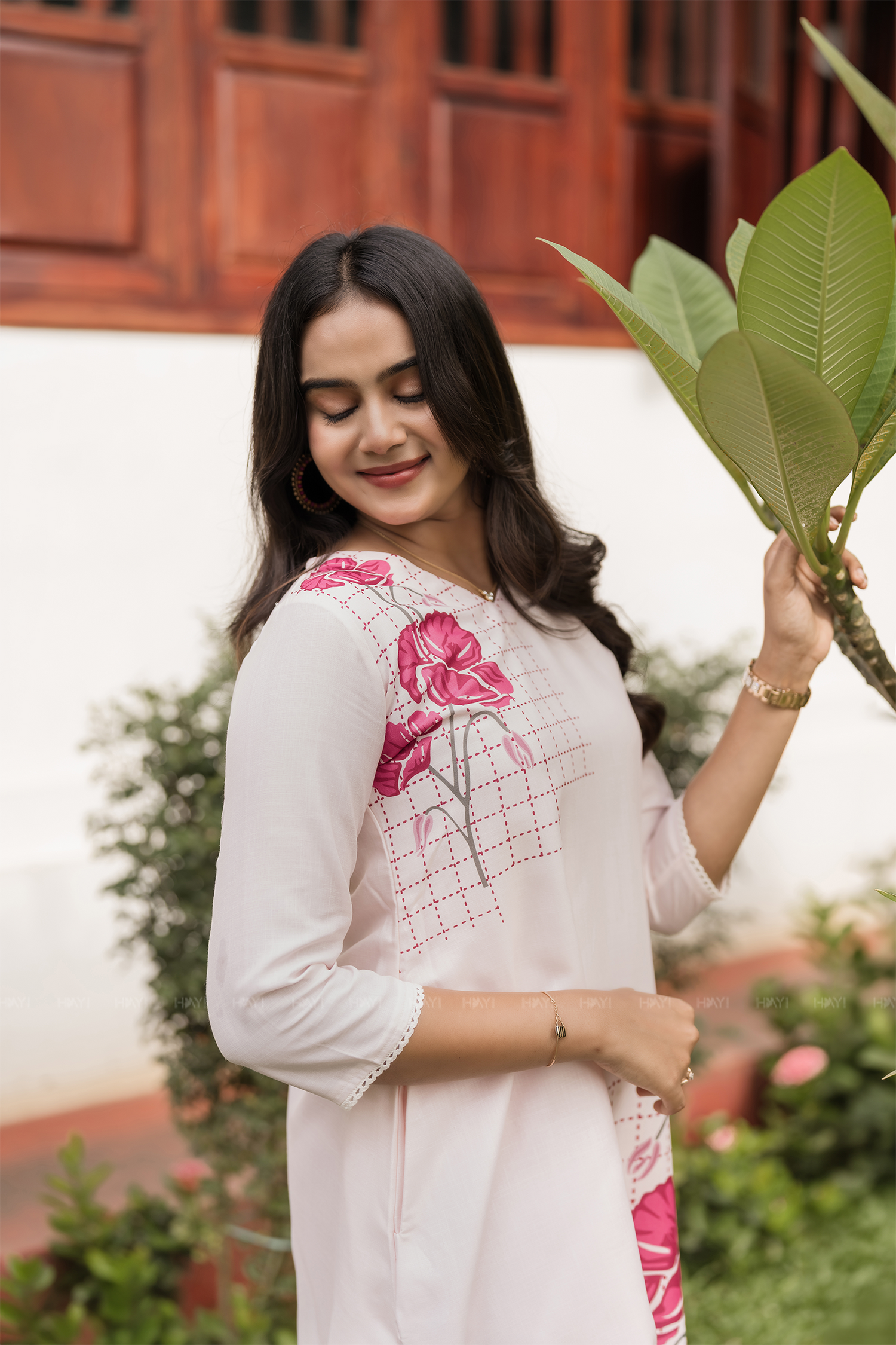 Rosecheck Path Beige Linen Blend Printed A-Line Dress