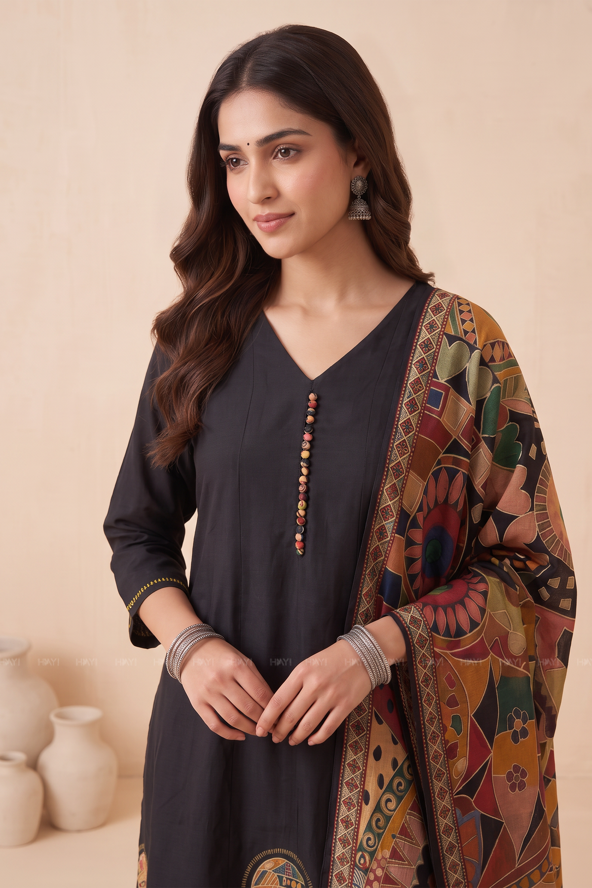 Artisan Mosaic Black Silk Blend Printed &amp; Embroidered 3-Piece Kurta Set