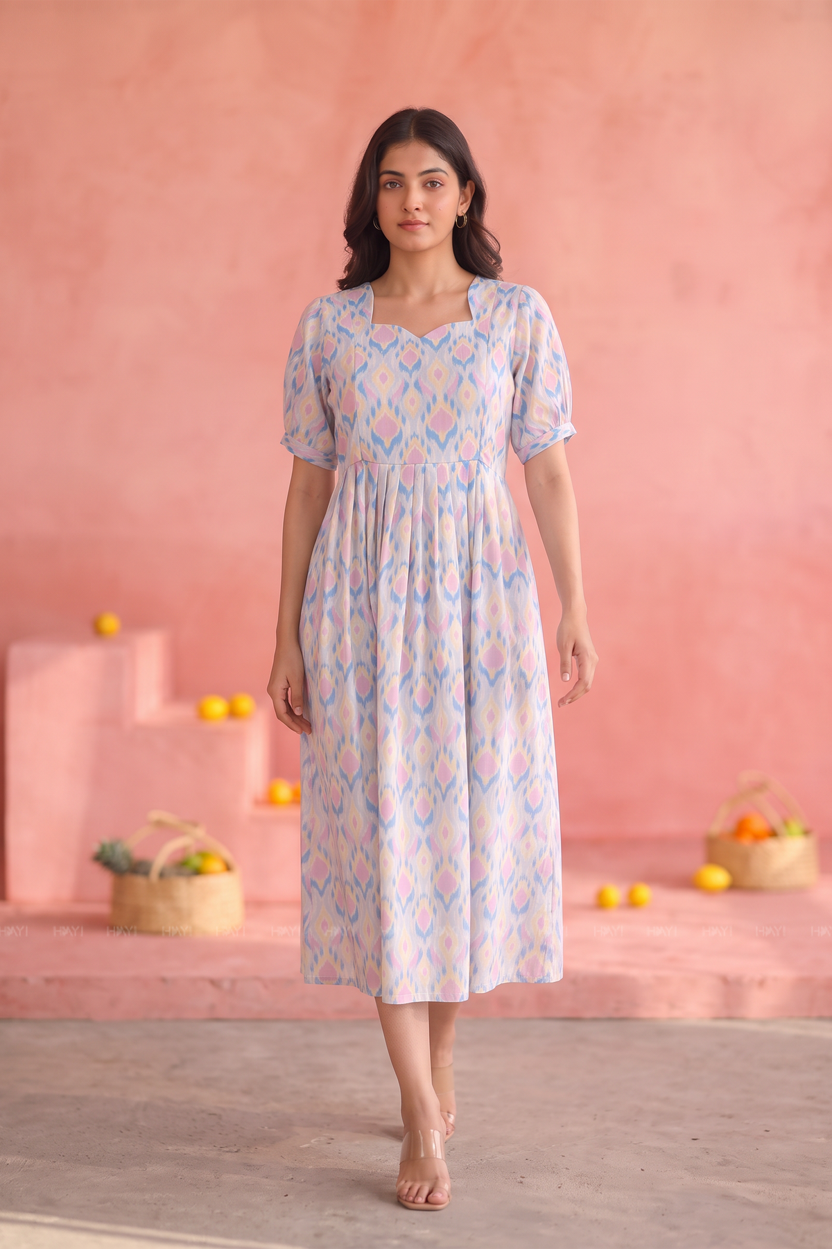 Ikat Mirage Blue Cotton Blend Maternity Dress