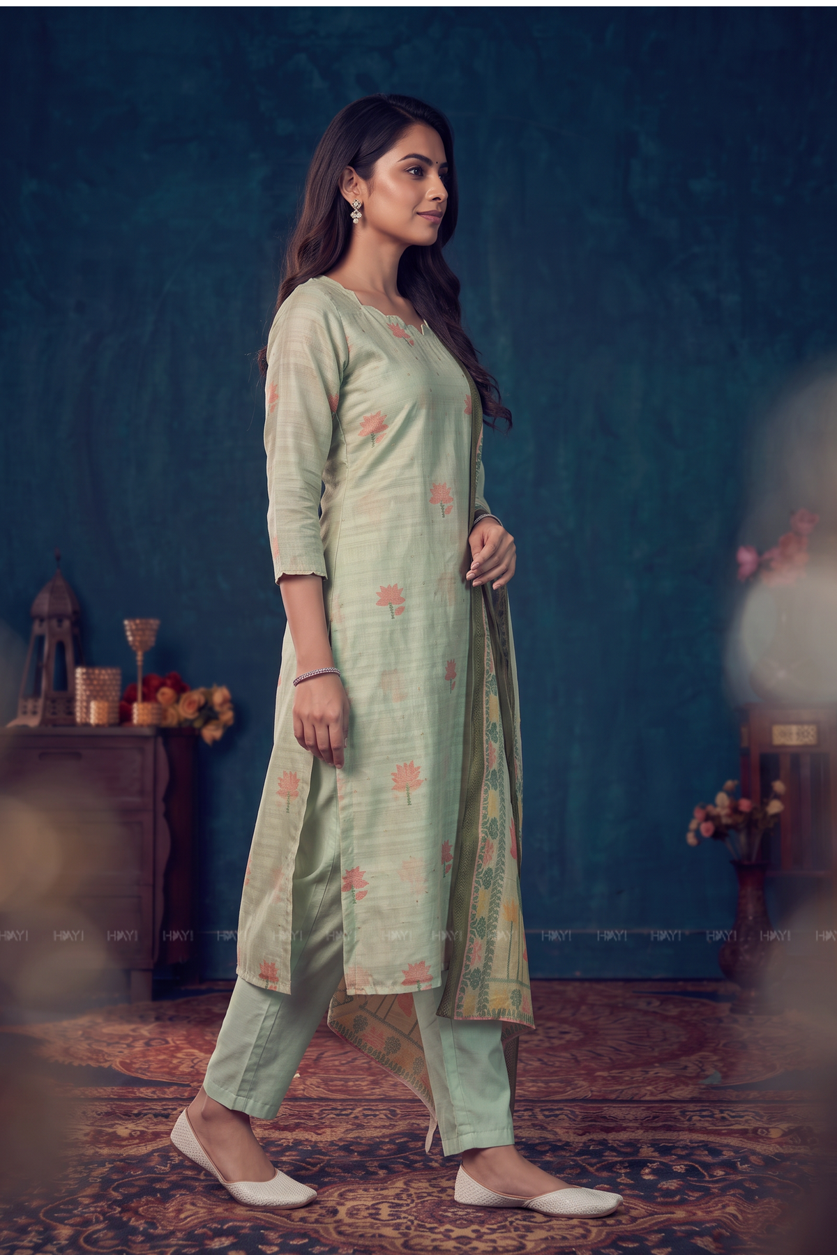 Petal Breeze Green Tussar Silk Blend 3-Piece Printed Kurta Set
