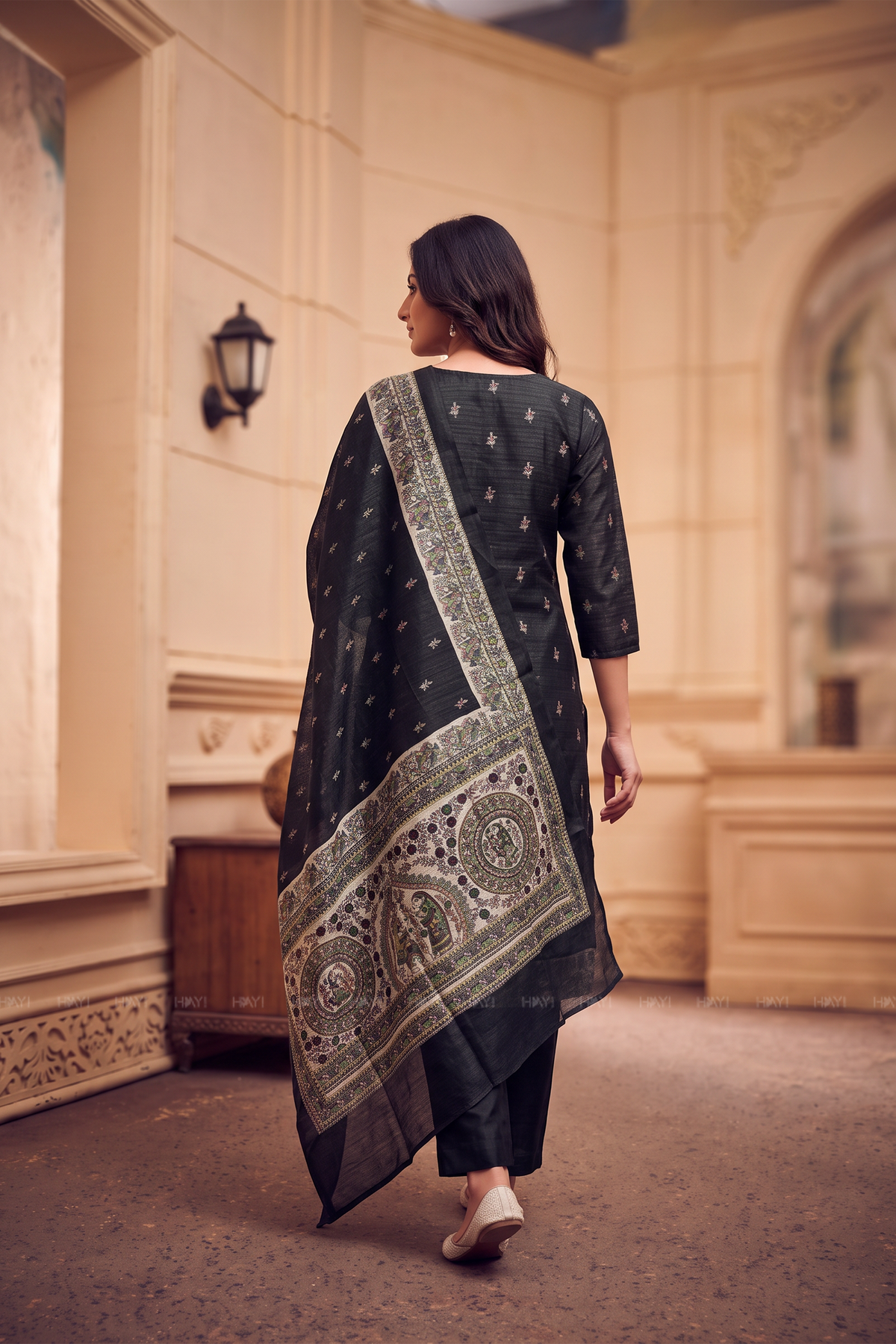 Moonlit Motif Black Silk Blend Printed 3-Piece Kurta Set