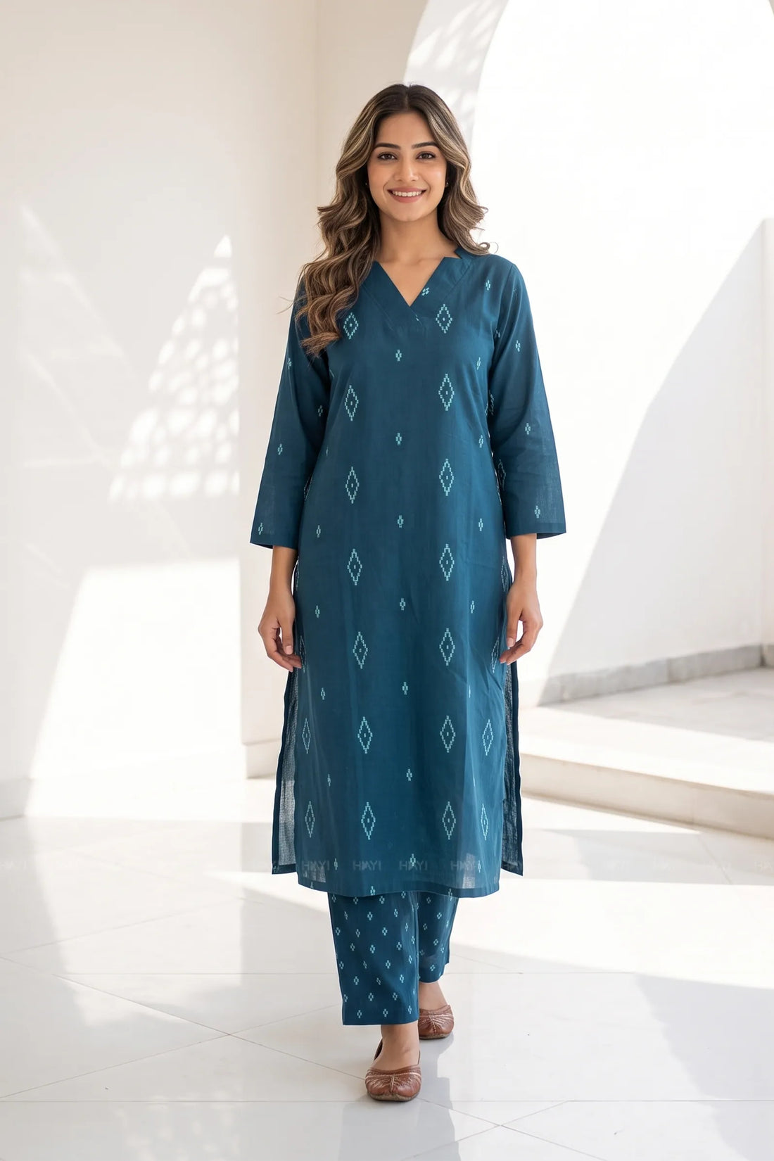 Blue Mosaic Collared V-Neck Co-Ord Set