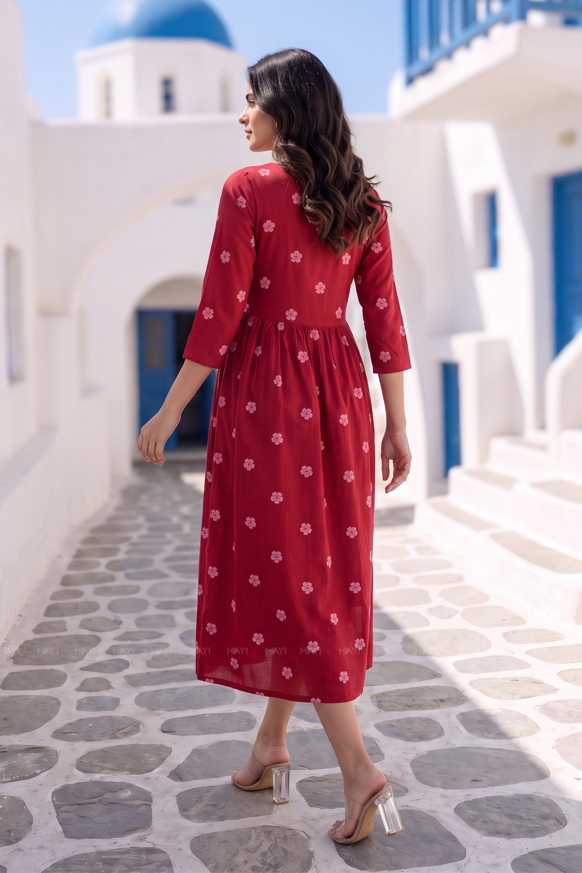 Ruby Meadow Red Viscose Printed Umbrella Dress