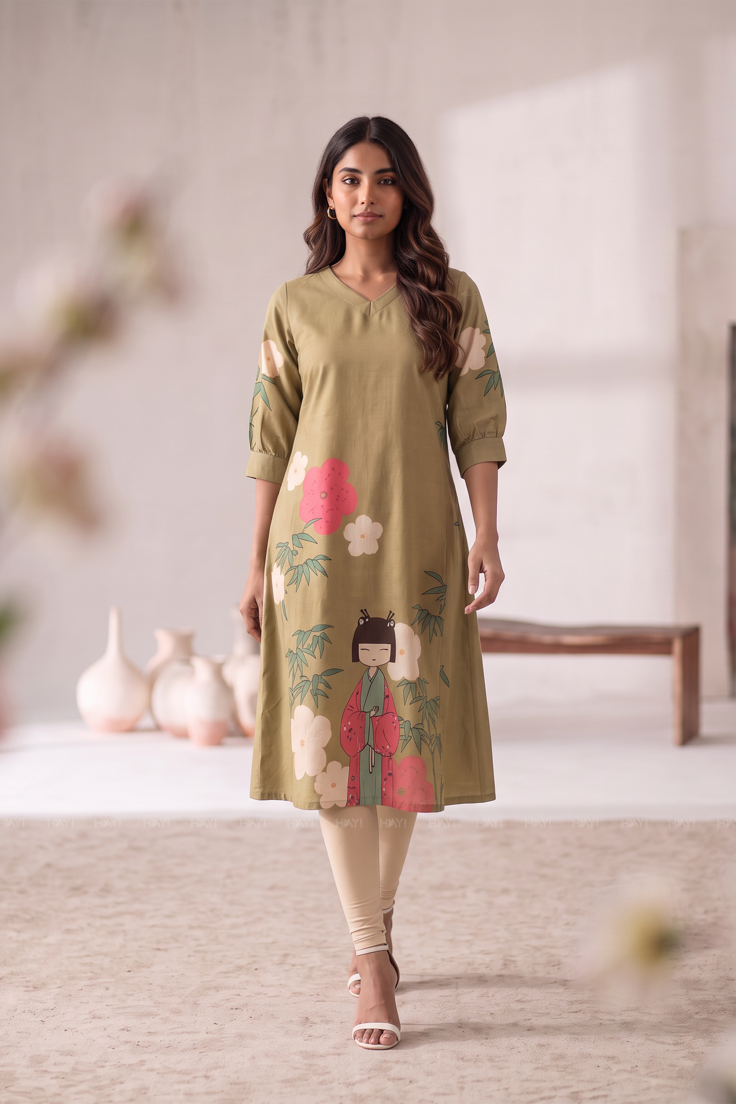 Peony Grace  V-Neck Printed A-Line Outfit