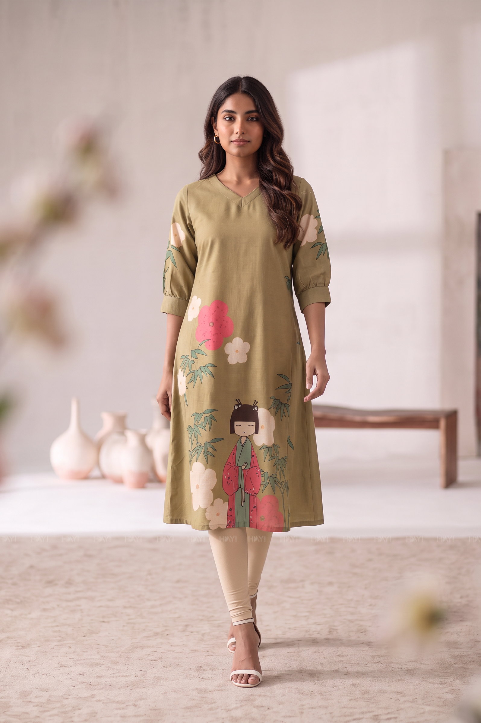 Peony Grace  V-Neck Printed A-Line Outfit
