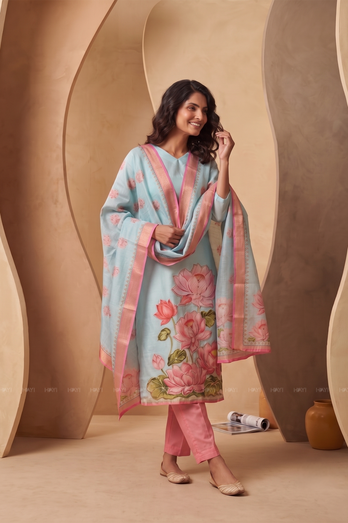 Lotus Mist Blue Printed 3 Piece Shimmer Tissue Kurti Set with Dupatta