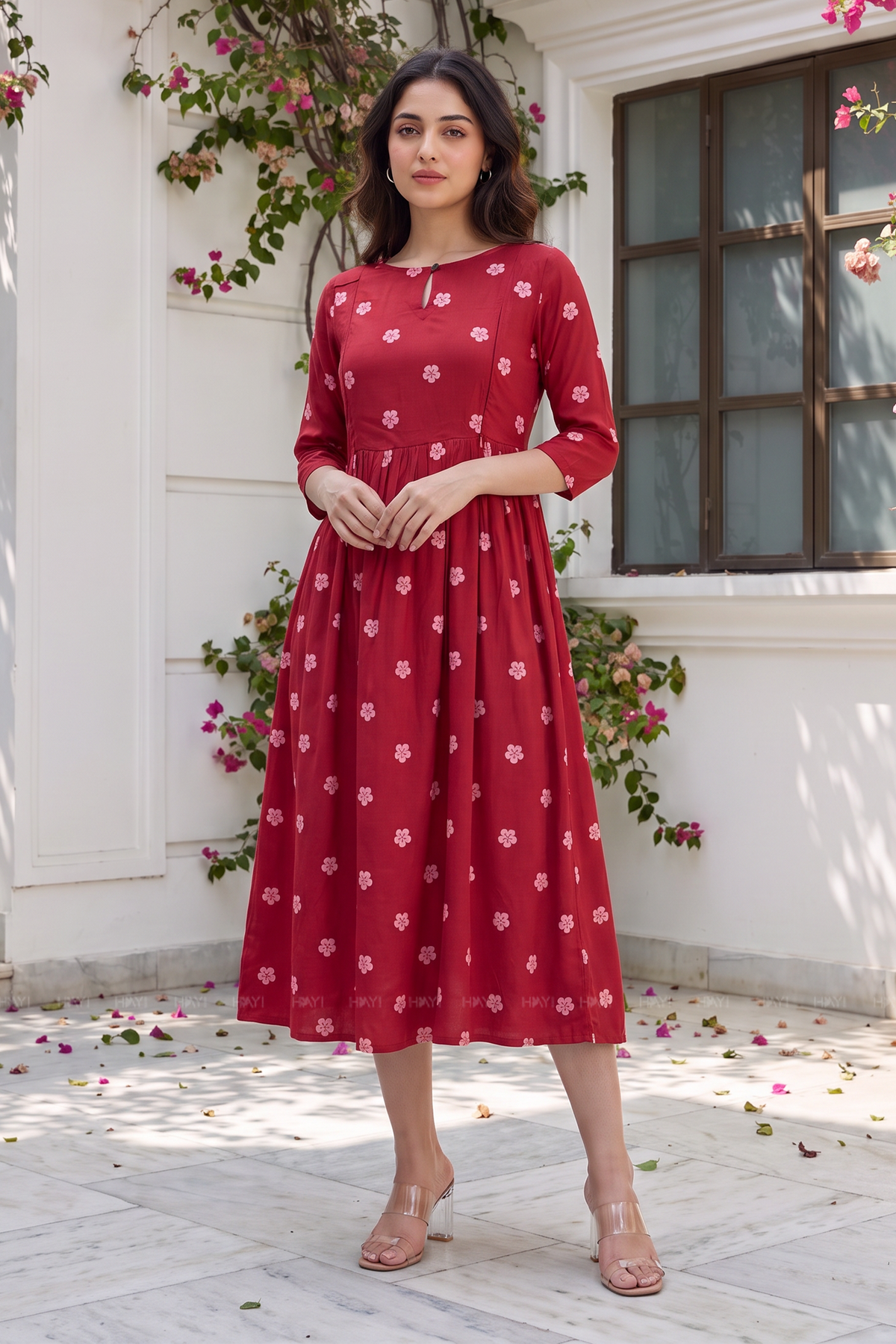 Leafy Grace Red Printed Maternity Maxi Dress