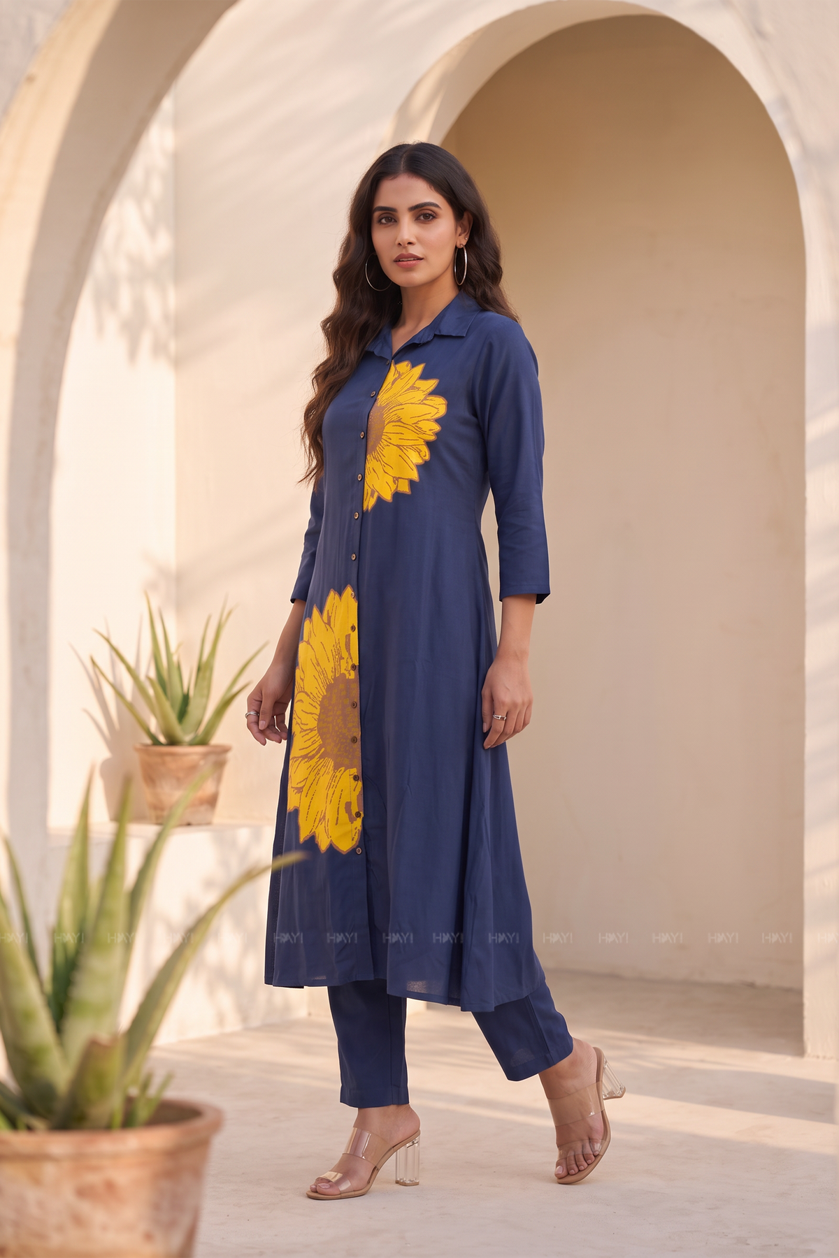 Sunflower Sapphire Floral Shirt Collar A-Line Dress