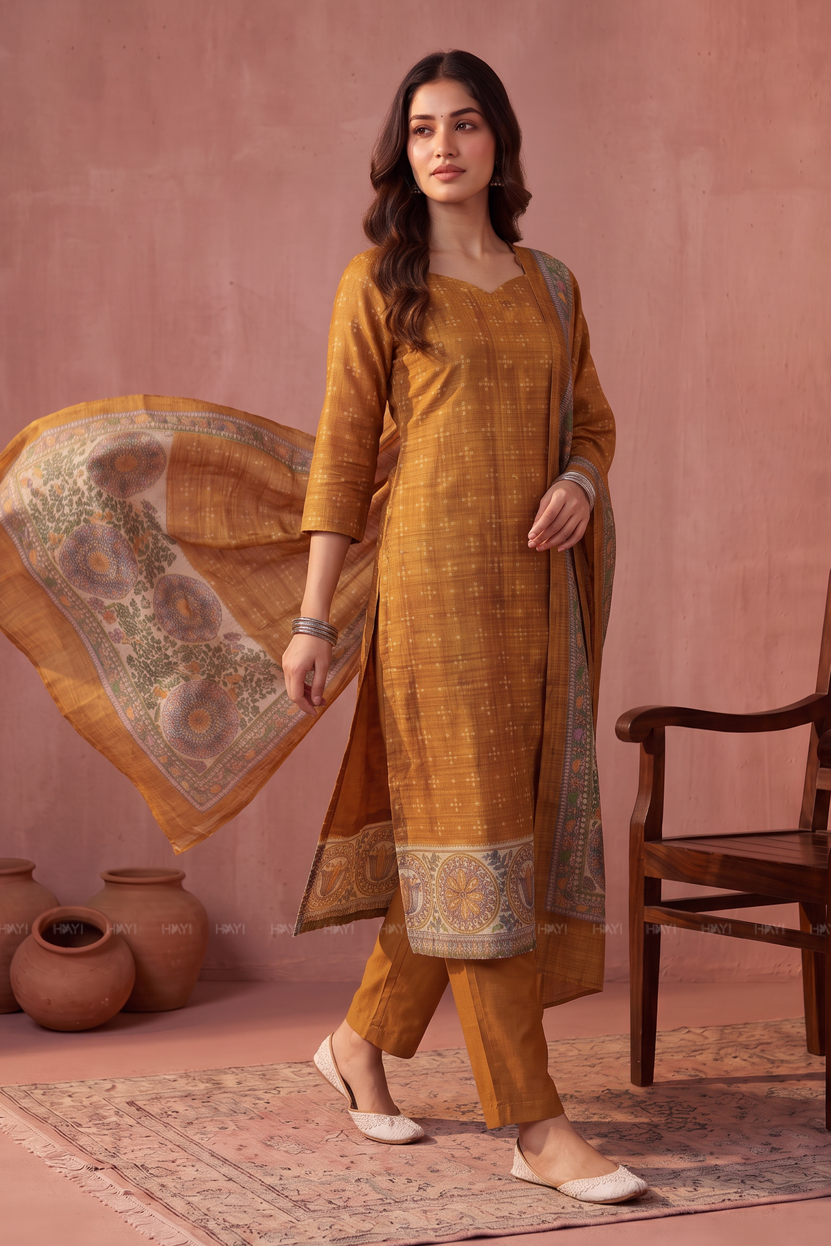 Earthy Grace Mustard Silk Blend Printed 3-Piece Kurta Set