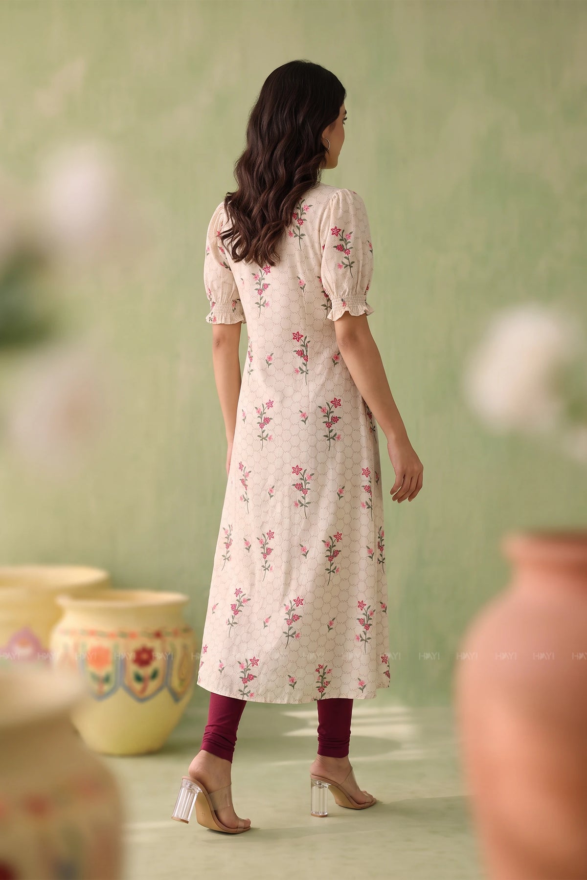 Little Flora Beige Floral Printed Viscose A-Line Kurta