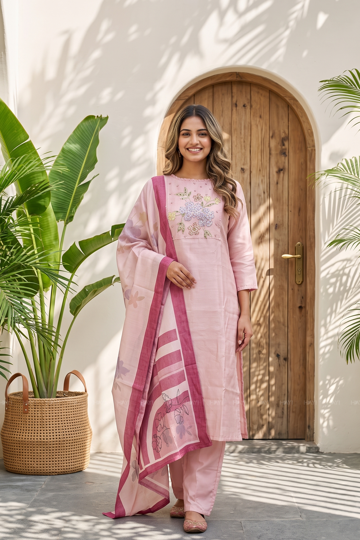 Rose Mist Light Pink 3 Piece Tussar Silk Blend Floral Embroidered &amp; Printed Kurta with Pant &amp; Dupatta