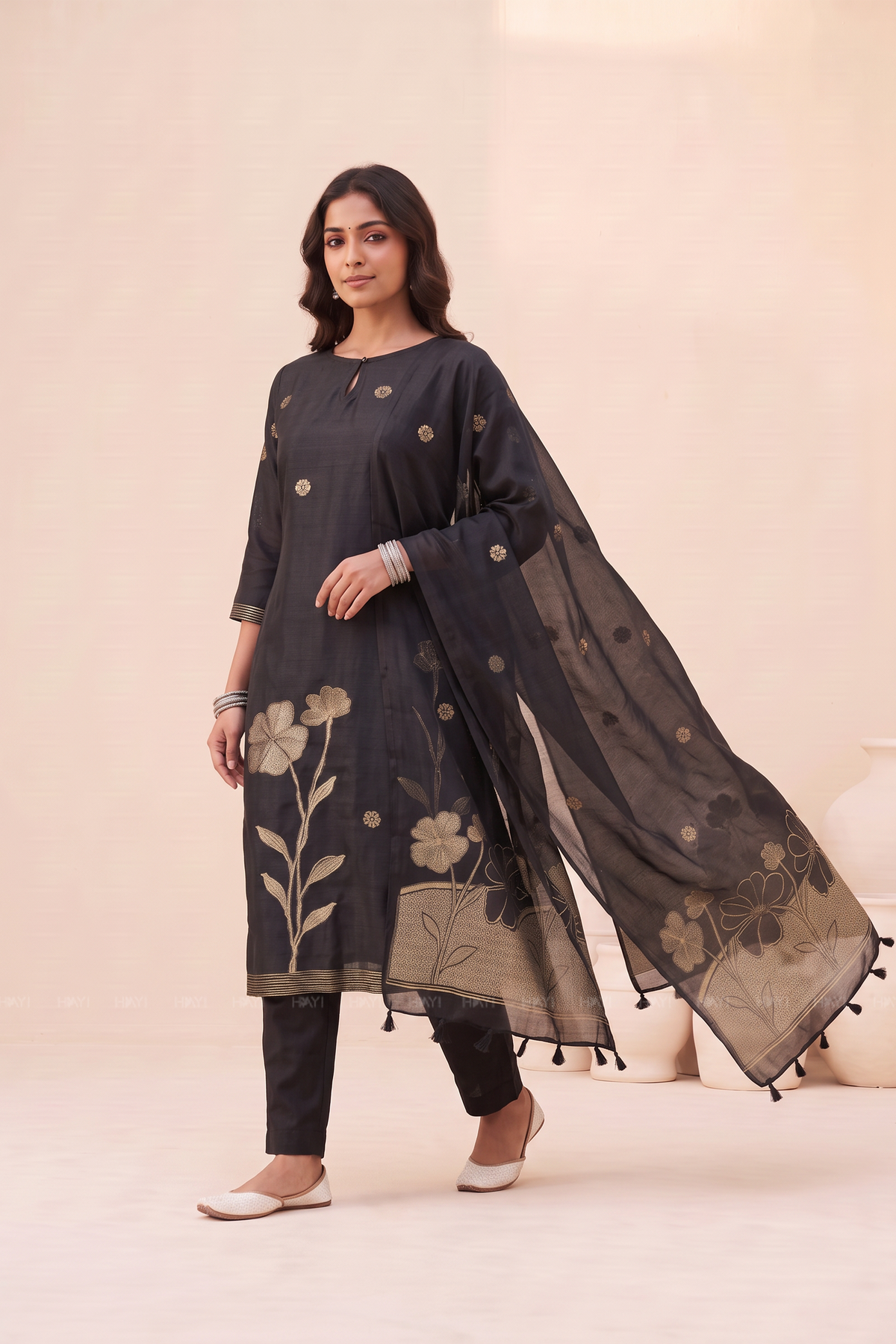 Midnight Zari Black 3 Piece Silk-Blend Kurti Set with Dupatta