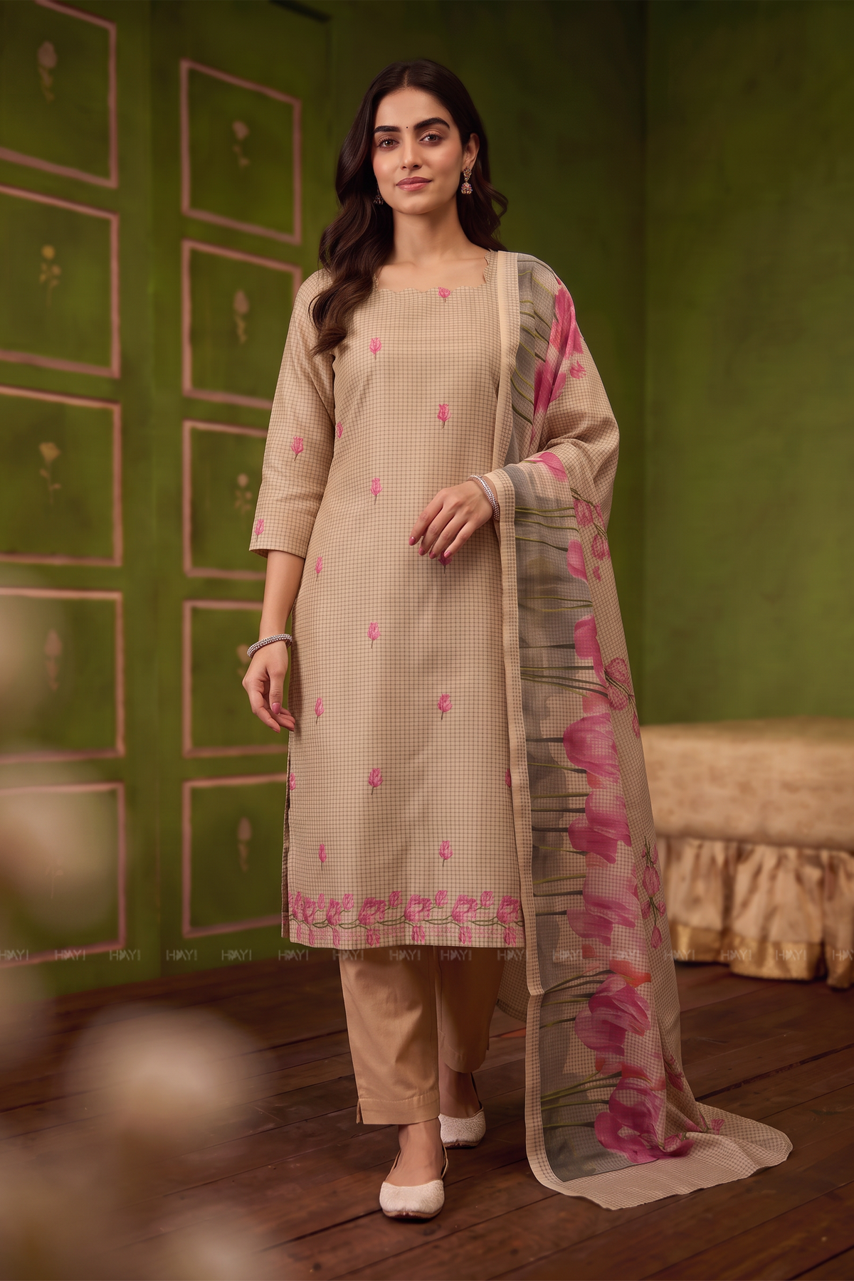 Blush Elegance Beige Silk Blend Printed 3-Piece Kurta Set