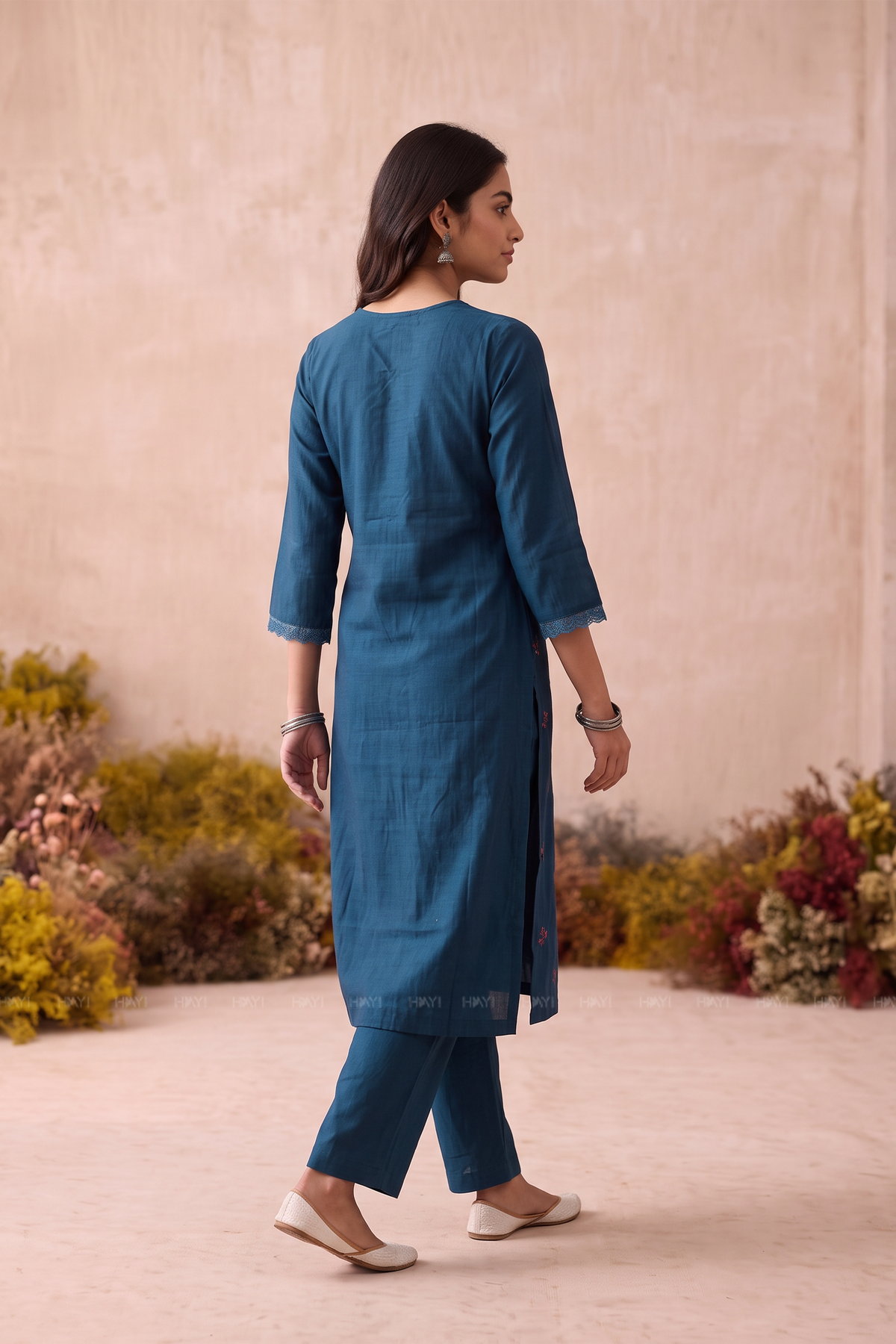 Floral Laceway Teal Silk Blend Embroidered 3-Piece Kurta Set