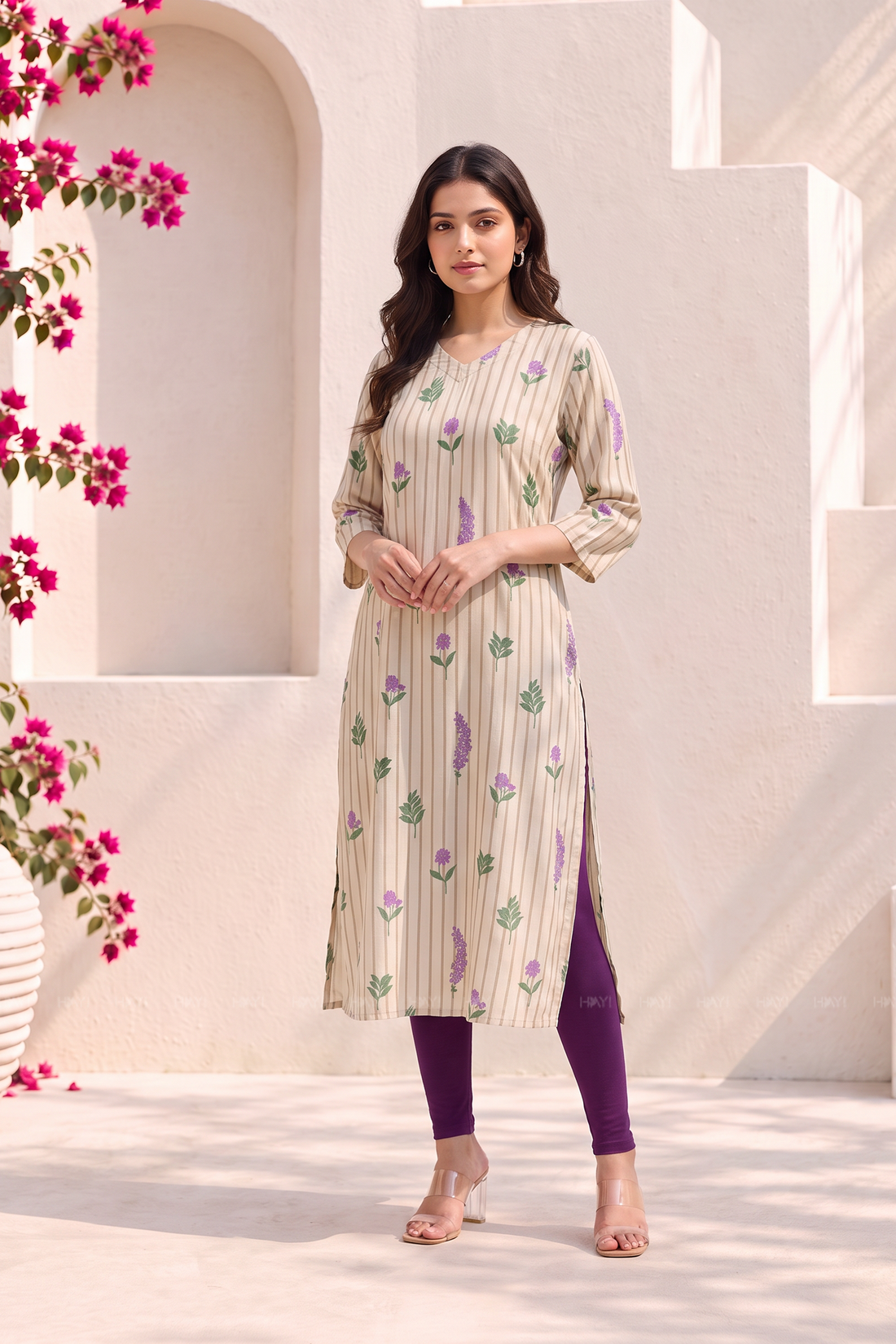 Ivy Bloom Beige Viscose Floral Printed Kurta