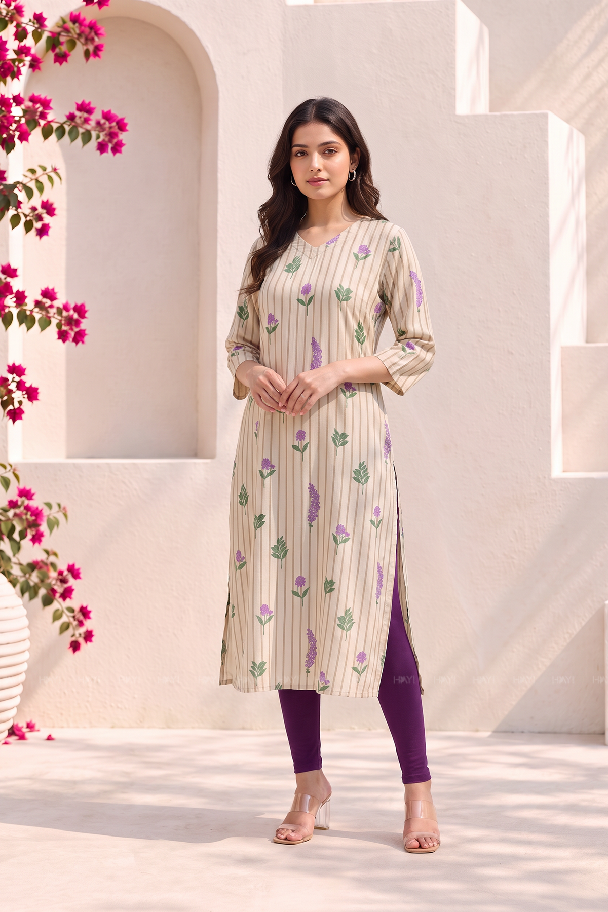 Ivy Bloom Beige Viscose Floral Printed Kurta