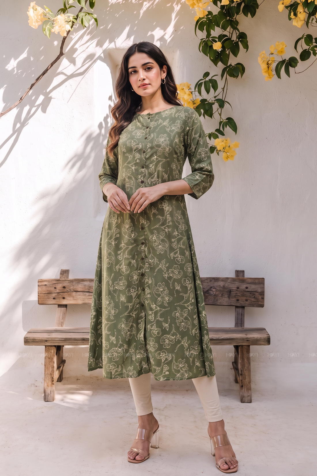 Botanical Charm Green Viscose Printed A-Line Kurta