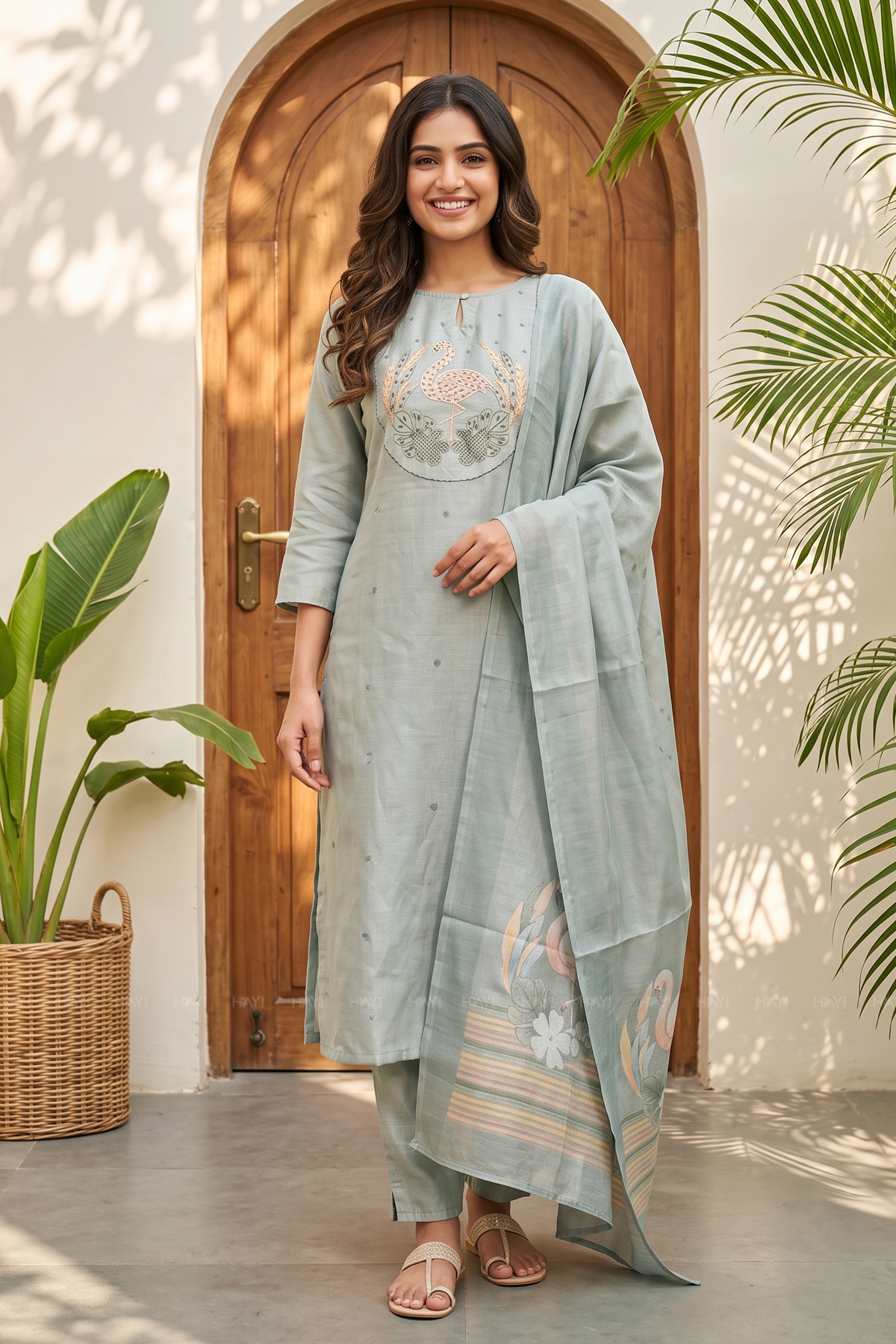 Swanstone Grey Embroidered Tussar Silk Kurta Set