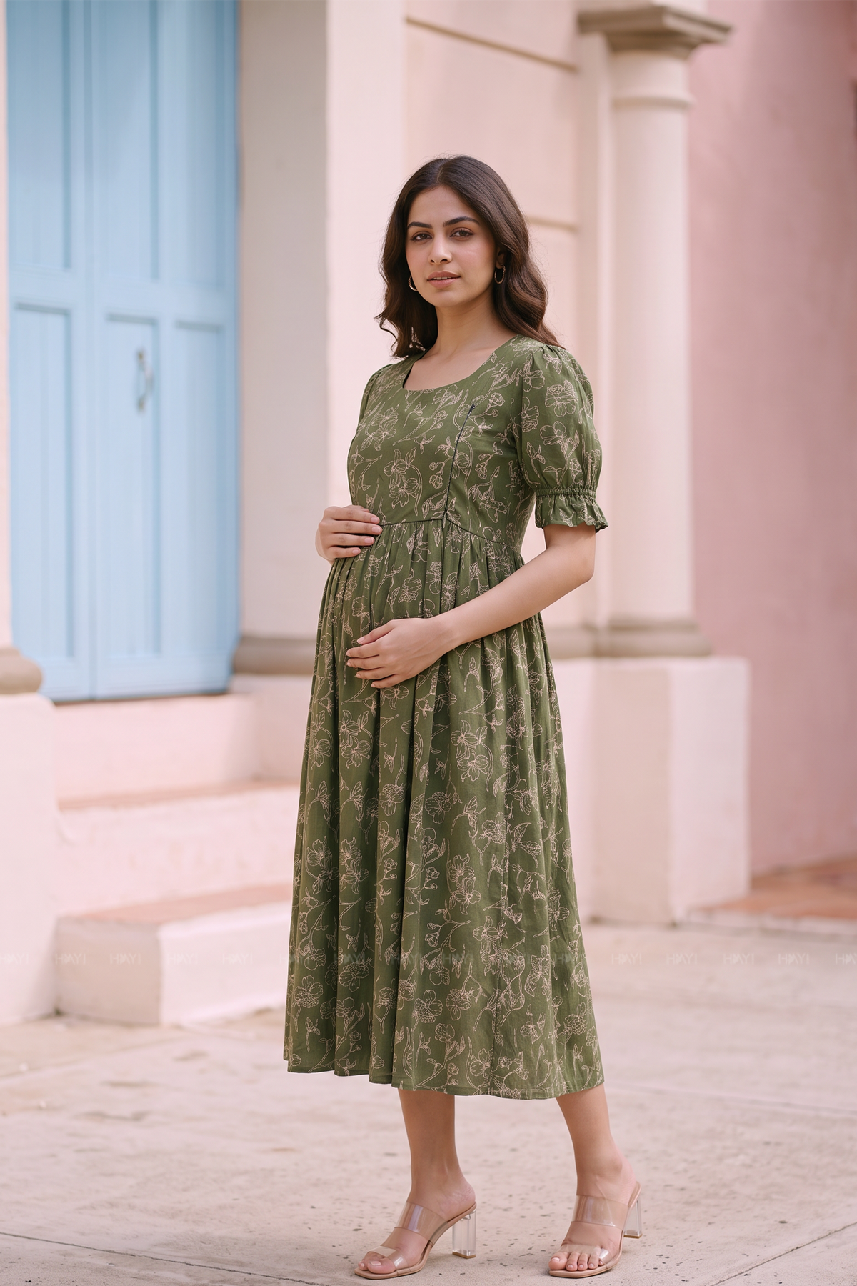 Olive Muse Green Floral Printed Maternity Maxi Dress