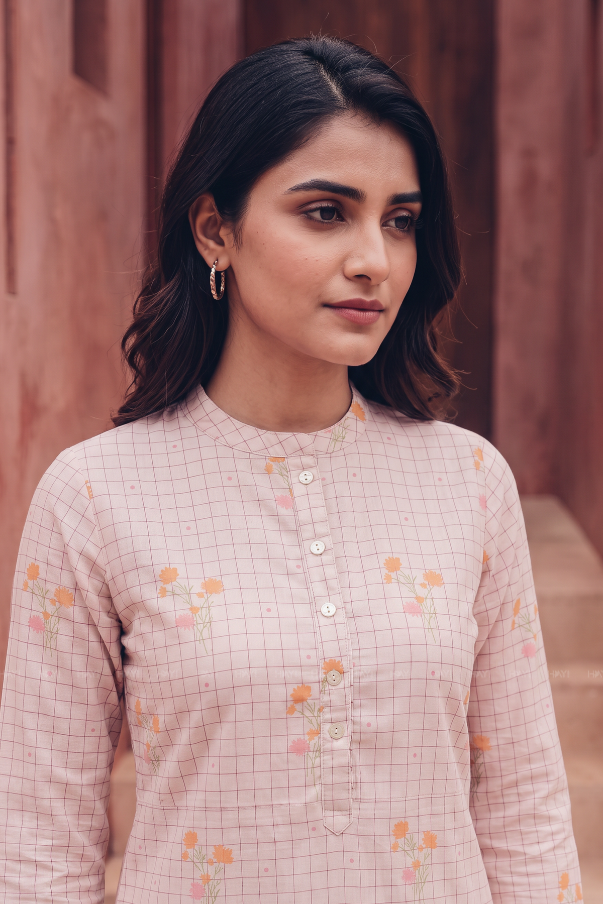 Bloom Grid Beige Linen Blend Floral Printed Kurta with Chinese Collar