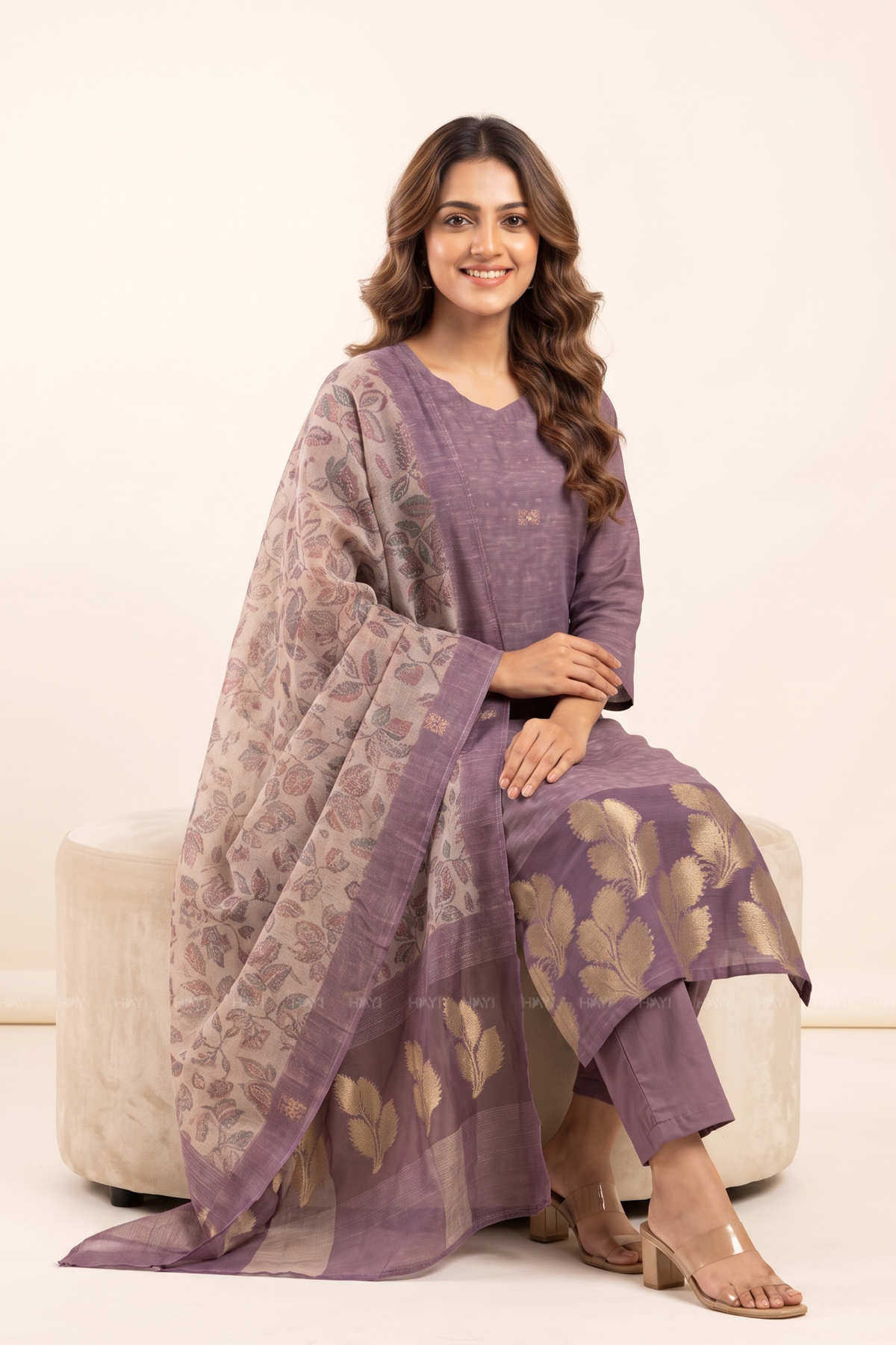 Petal Mist Jacquard 3 Piece Linen Kurta Set with Dupatta