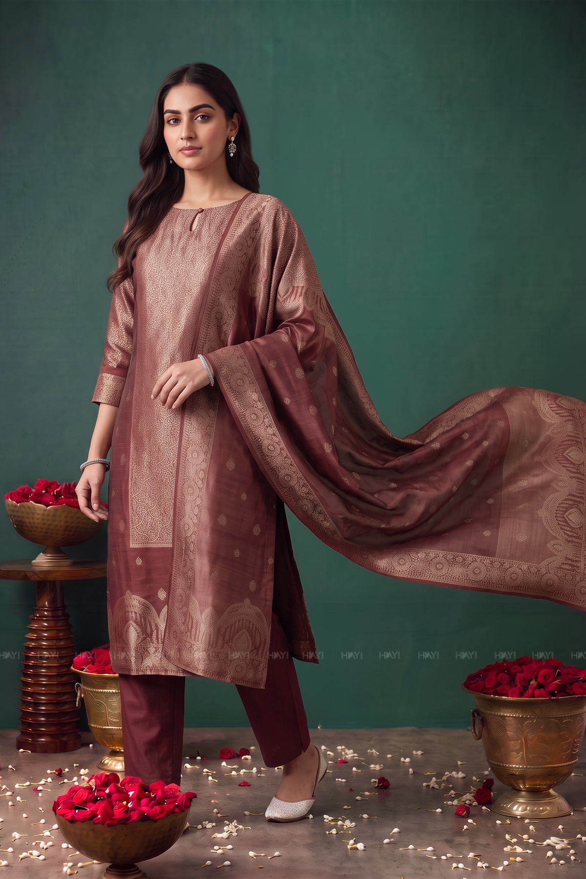 Roselle Red Silk Blend Jacquard 2-Piece Straight Kurta Set