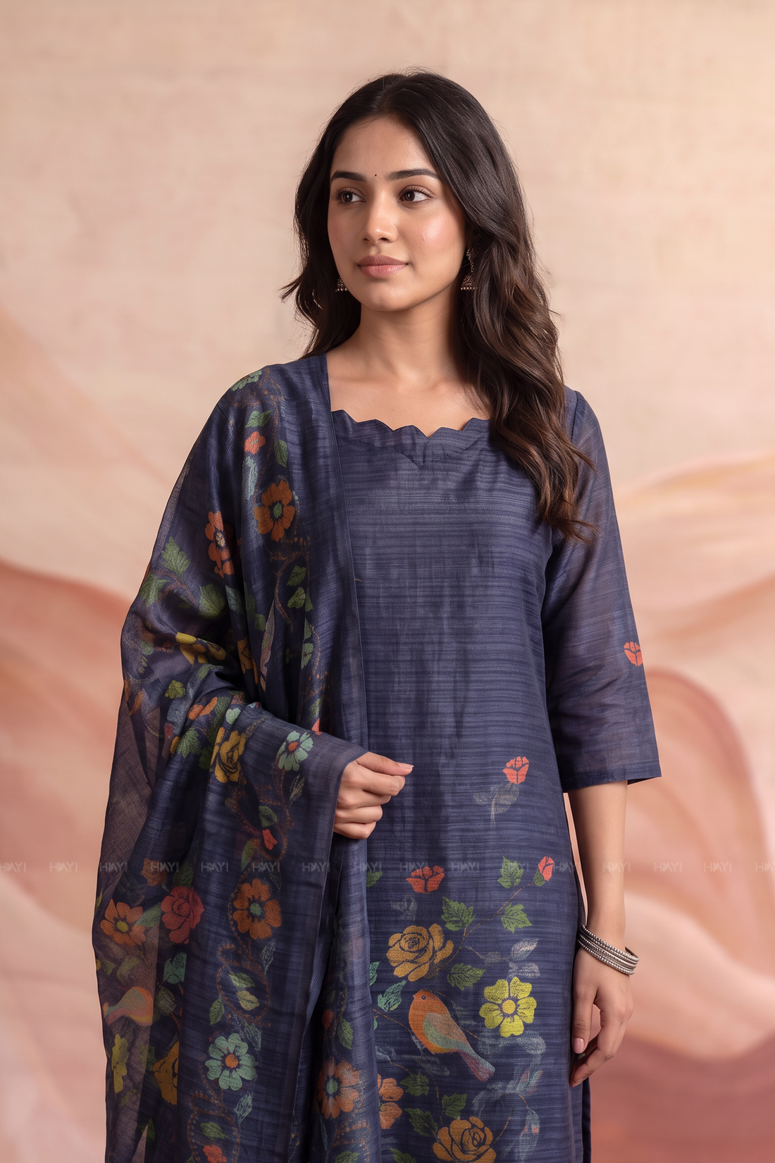 Bird Botanica Blue Tussar Silk Blend Floral Printed 3-Piece Kurta Set with Dupatta