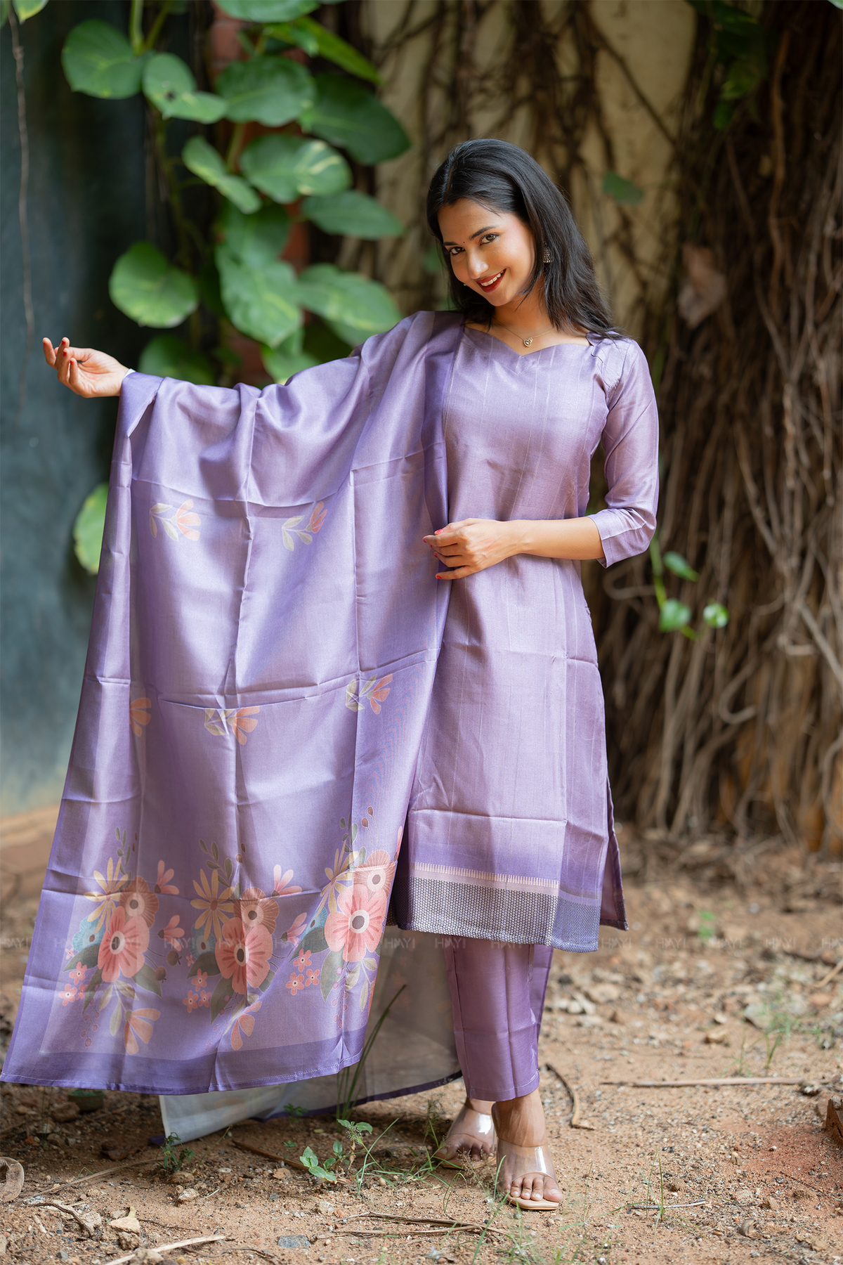 Lavender Hexa Violet 3 Piece Tussar Silk Kurta Set with Dupatta