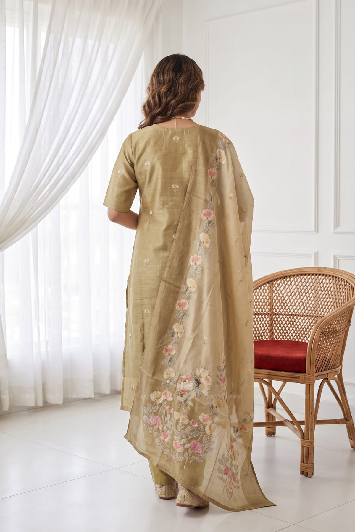 Classic Natural Yellow 3-Piece Tussar Silk Blend Floral Hand-Embroidered Kurta with Pant &amp; Dupatta