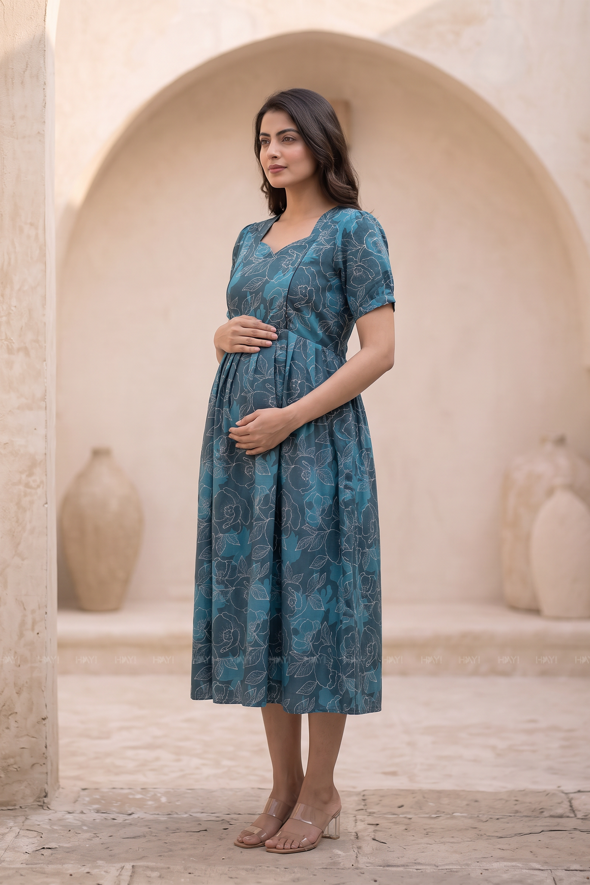 Whimsical Botanical Teal Printed Maternity Maxi Dress