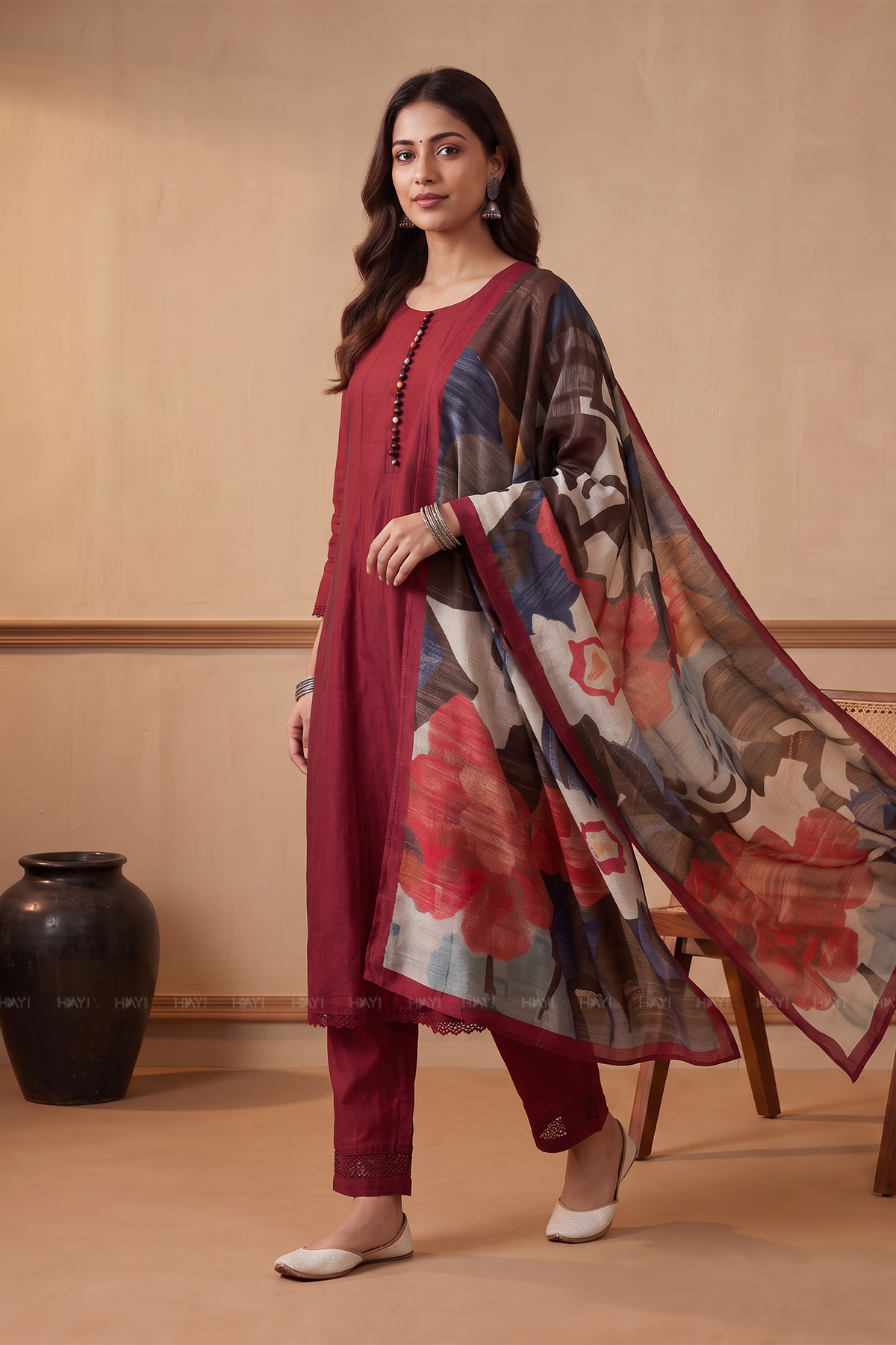Berry Cascade Red Silk Blend Printed 3-Piece Kurta Set