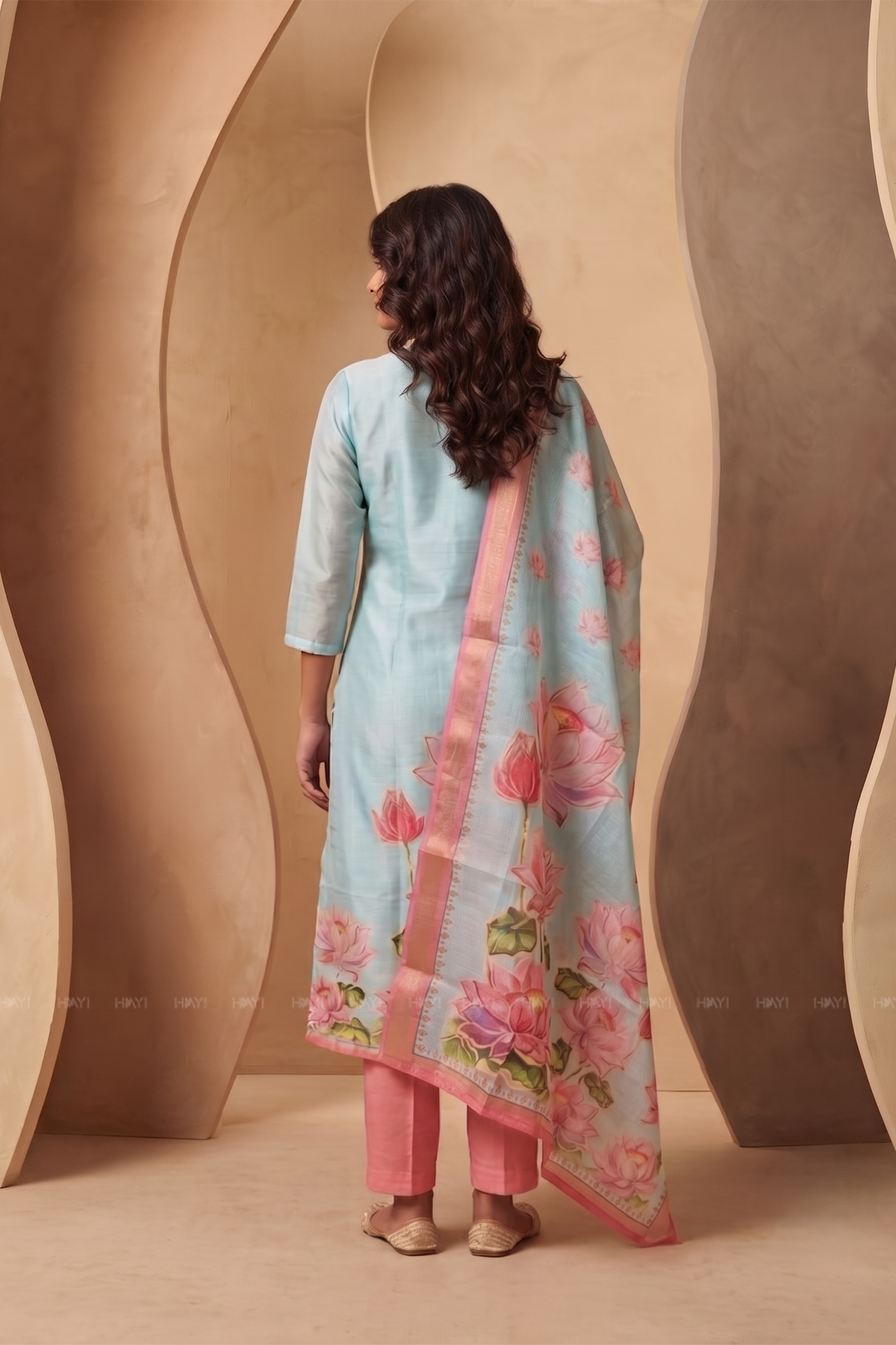 Lotus Mist Blue Printed 3 Piece Shimmer Tissue Kurti Set with Dupatta