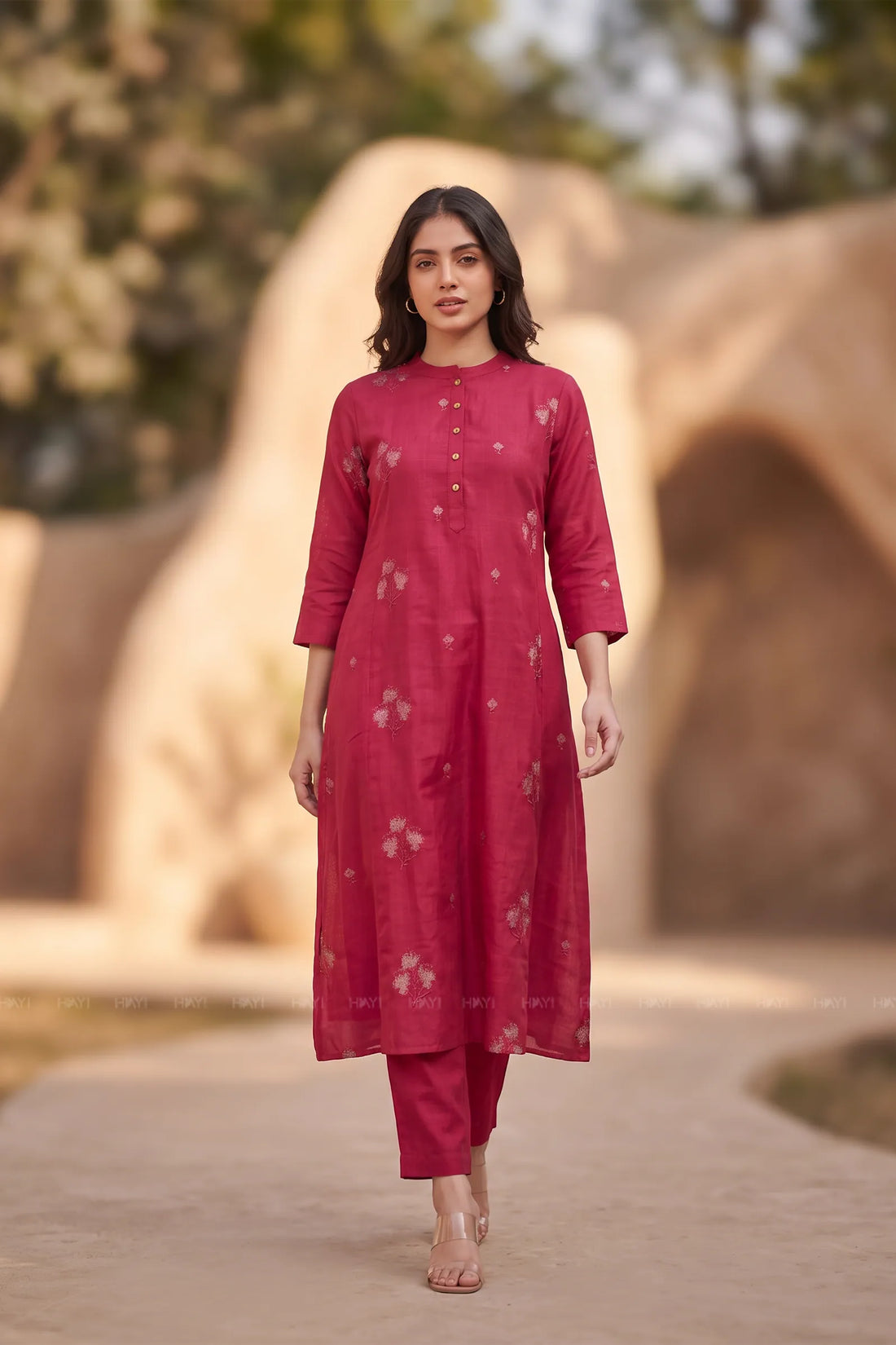 Floral Serenade Hot Pink Embroidered Silk Blend Co-ord Set