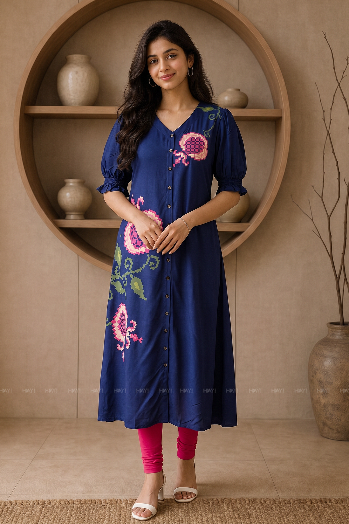 Midnight Rosette Blue  Printed Viscose Kurta