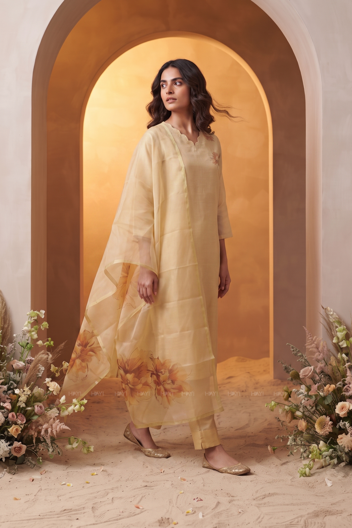 Mimsa Yellow Shimmer Tissue Kurta Set with Dupatta