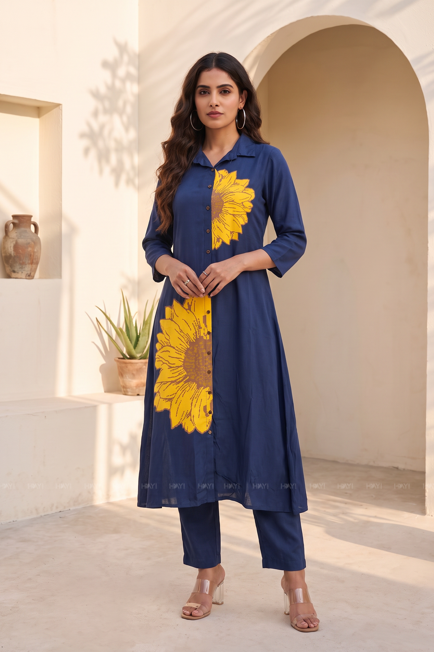 Sunflower Sapphire Floral Shirt Collar A-Line Dress