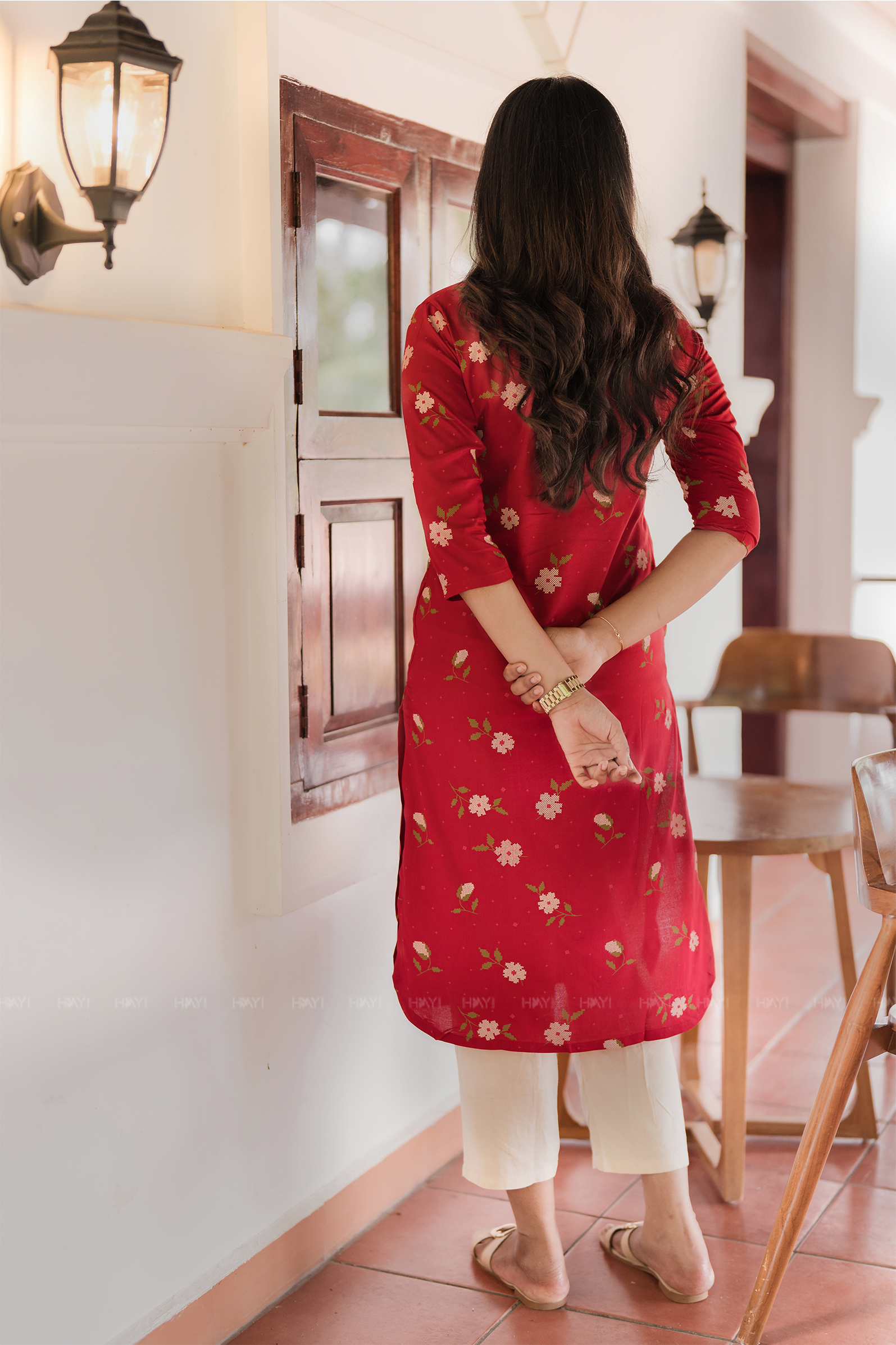 Rosethorn Charm Red Viscose Printed Elegant Kurta